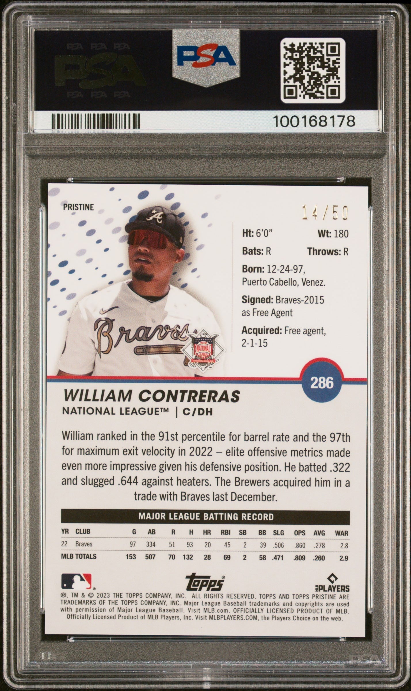 2023 Topps Pristine Gold William Contreras #286 /50 PSA 10