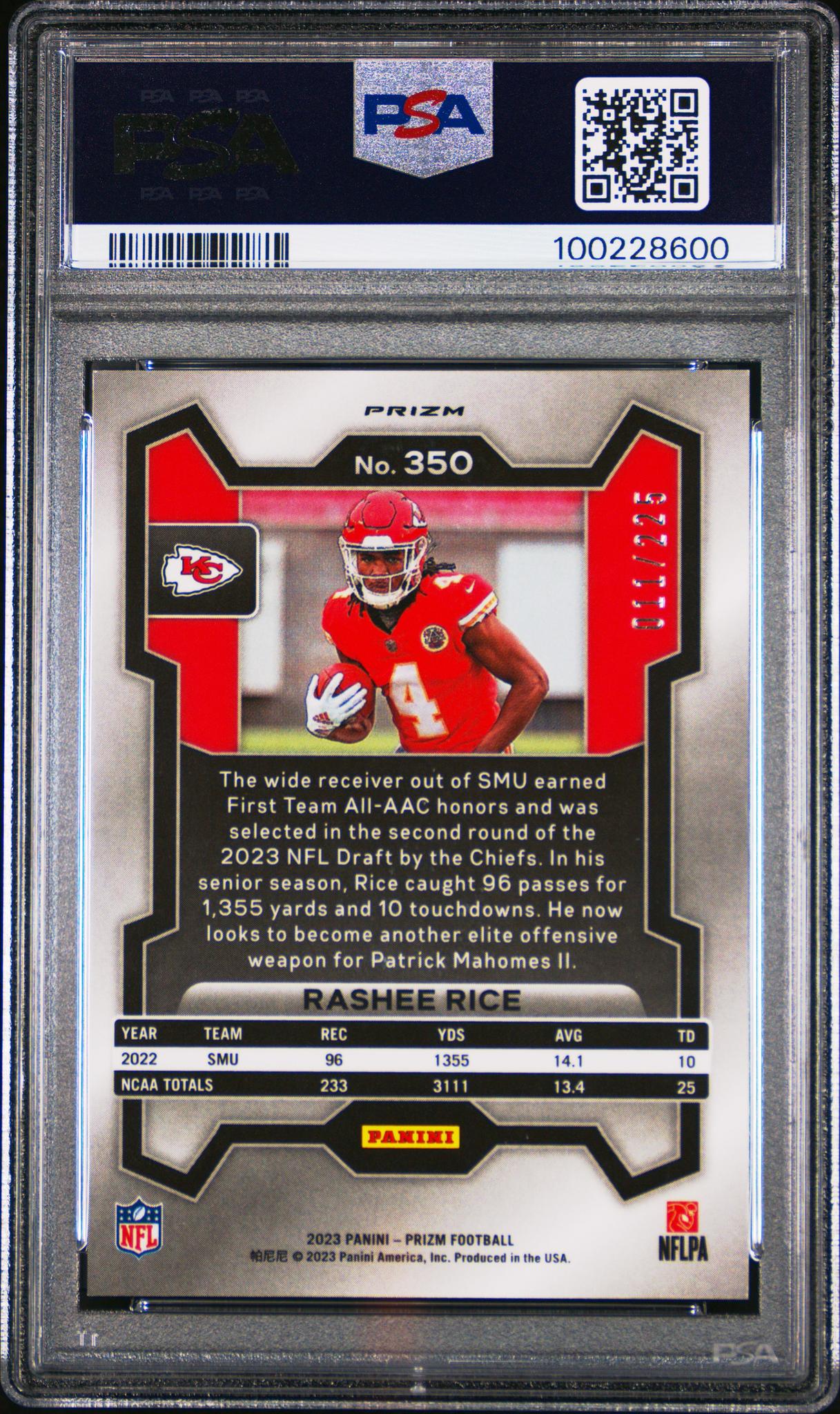 2023 Panini Prizm Purple Ice Rashee Rice #350 RC /225 PSA 10