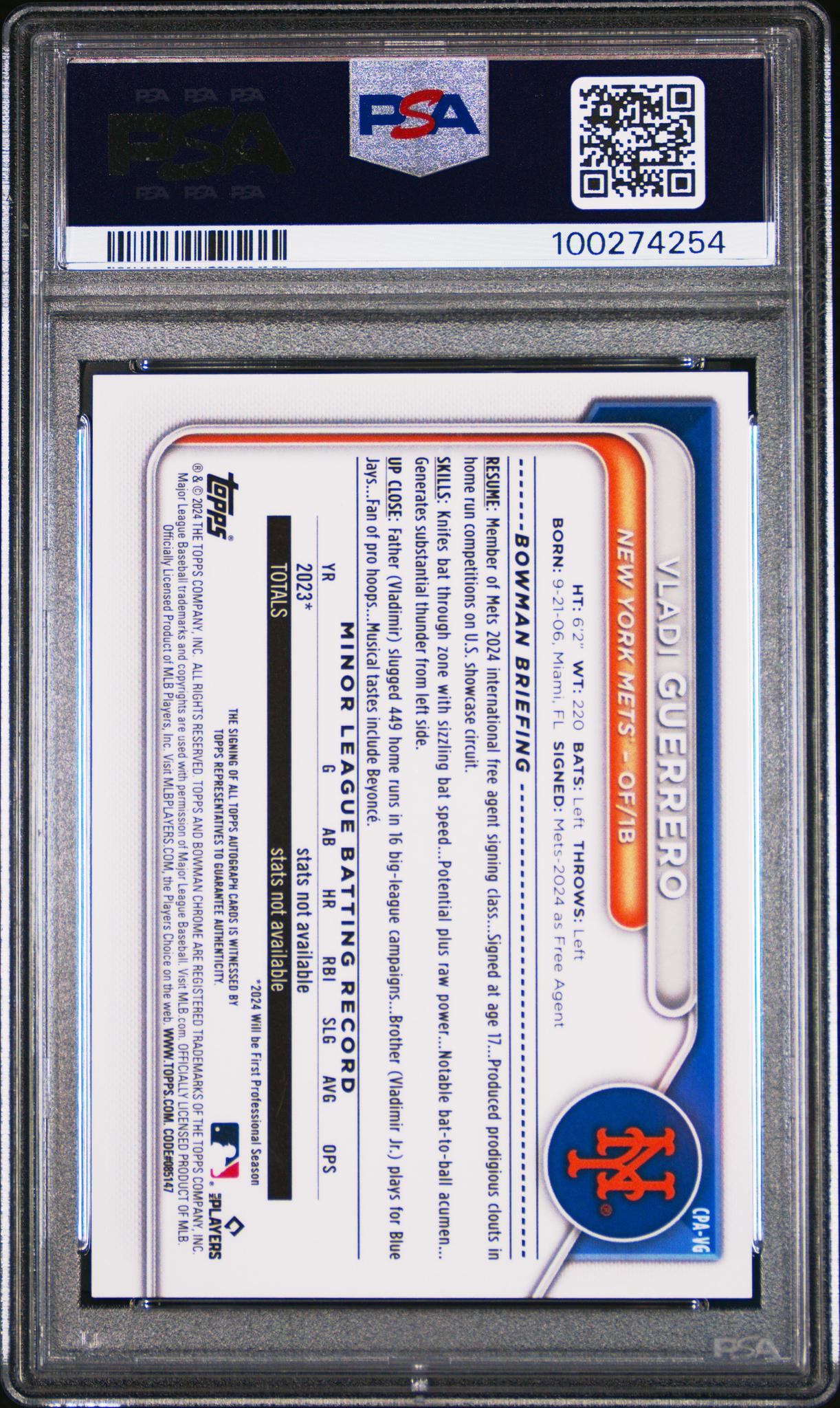2024 Bowman Chrome Orange Shimmer Vladi Guerrero #CPA-VG Auto /25 PSA 10