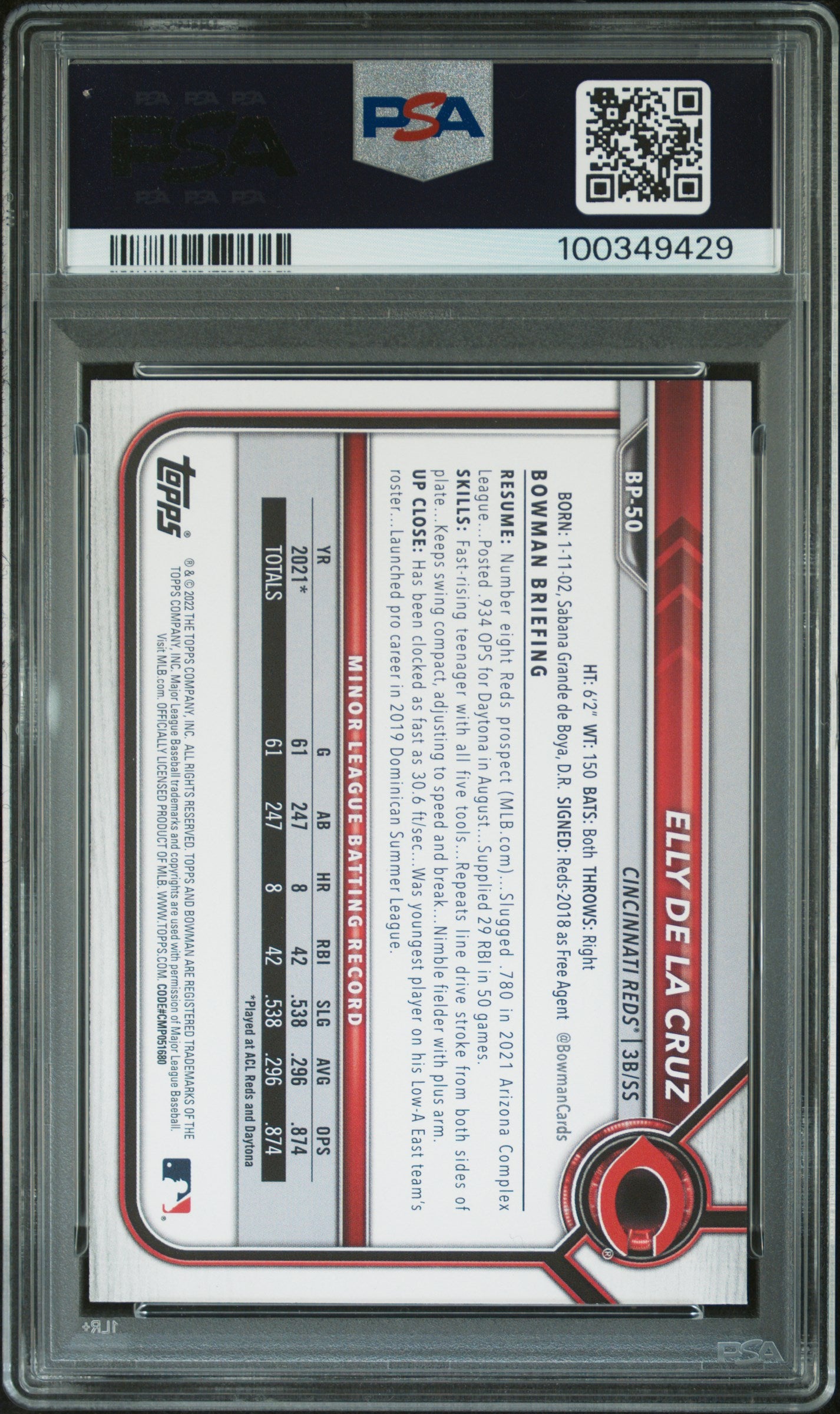 2022 Bowman Paper Prospects Elly De La Cruz #BP50 1st Bowman PSA 9