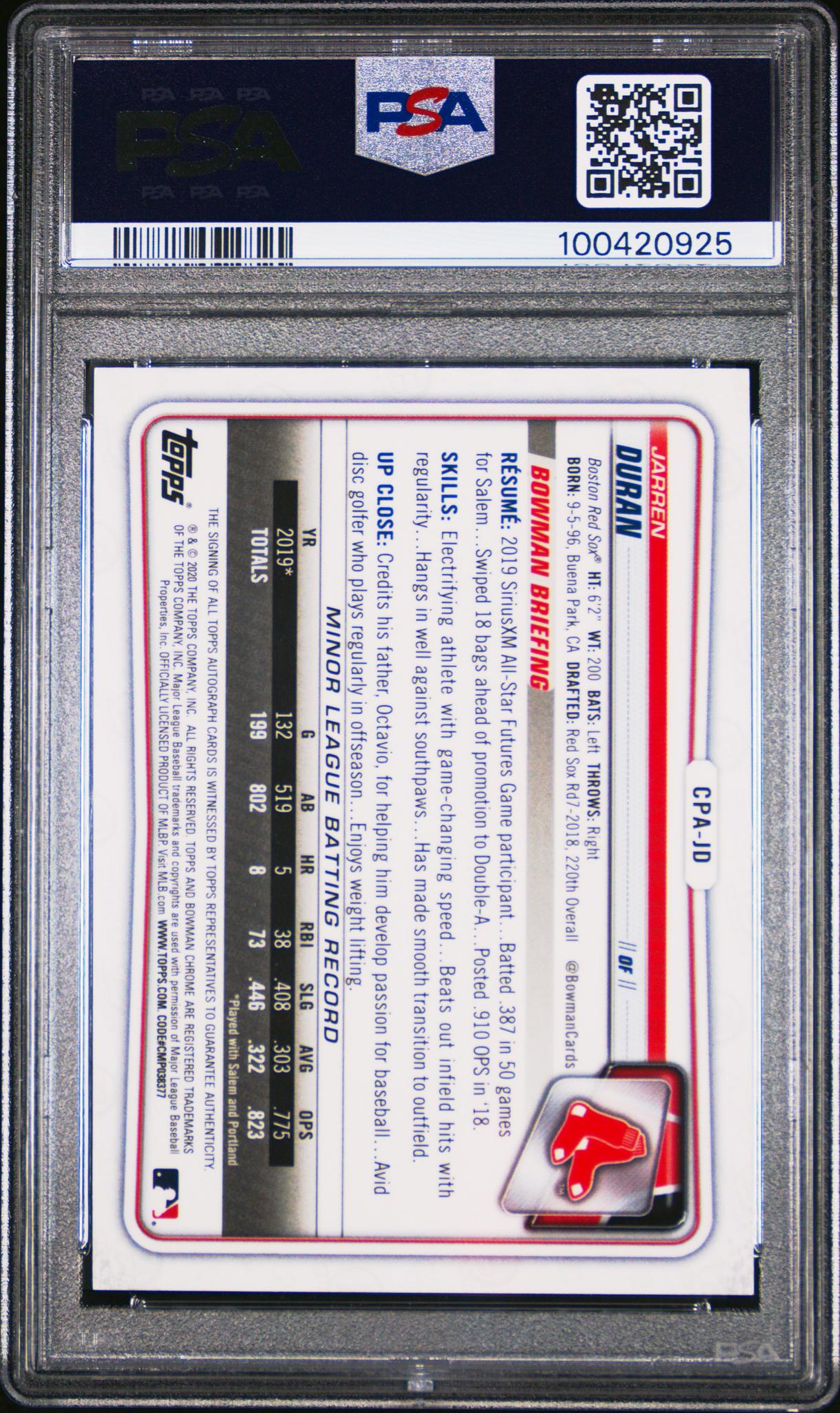 2020 Bowman Chrome Speckle Refractor Jarren Duran #CPA-JD Auto /299 PSA 10