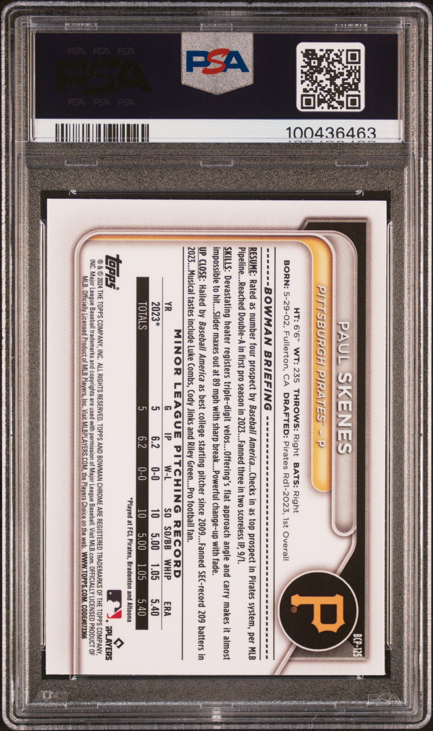 2024 Bowman Mega Box Chrome Prospects Mojo Refractor Paul Skenes #BCP-125 PSA 10