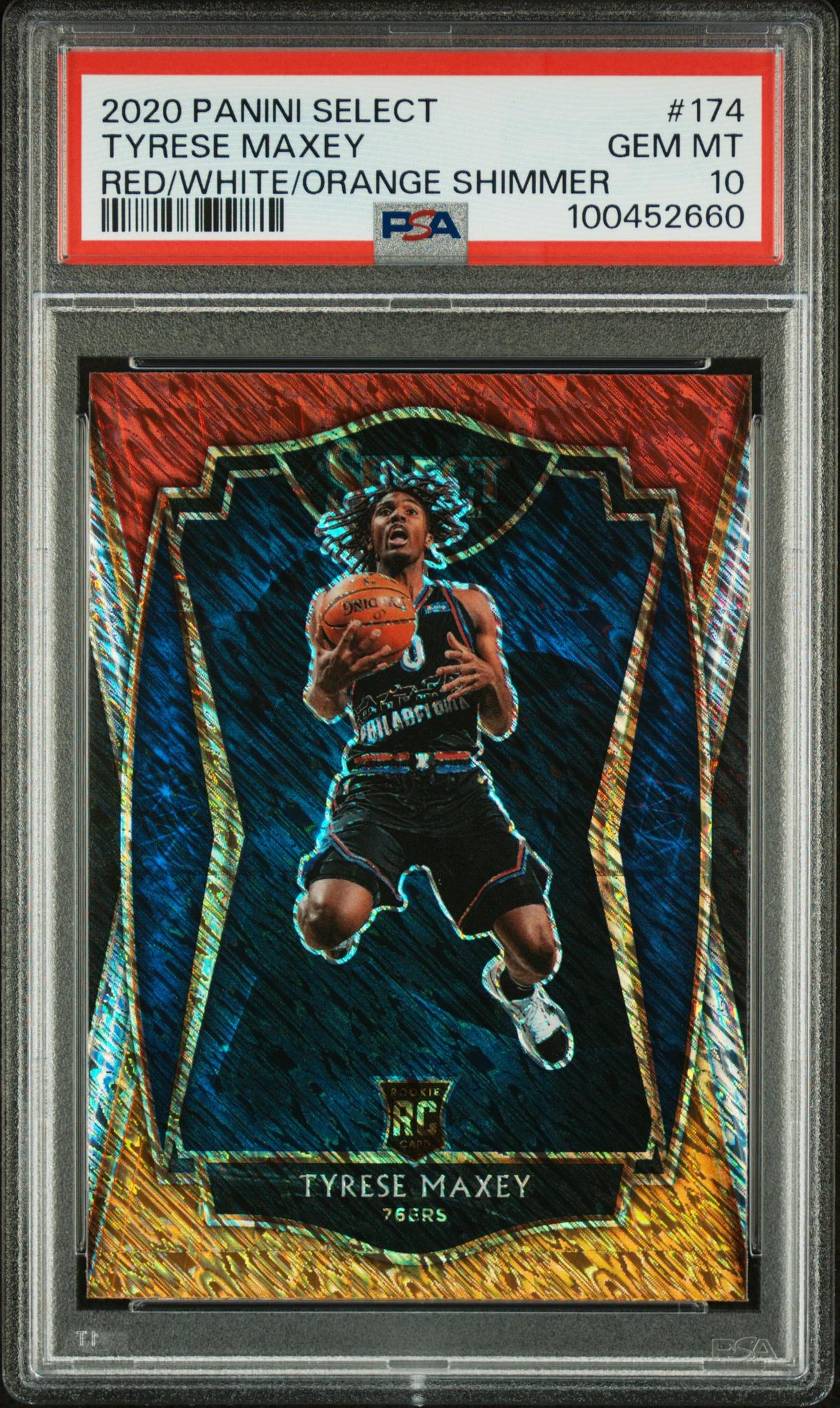 2020 Panini Select Premier Level Red White Orange Shimmer Prizm Tyrese Maxey #174 PSA 10