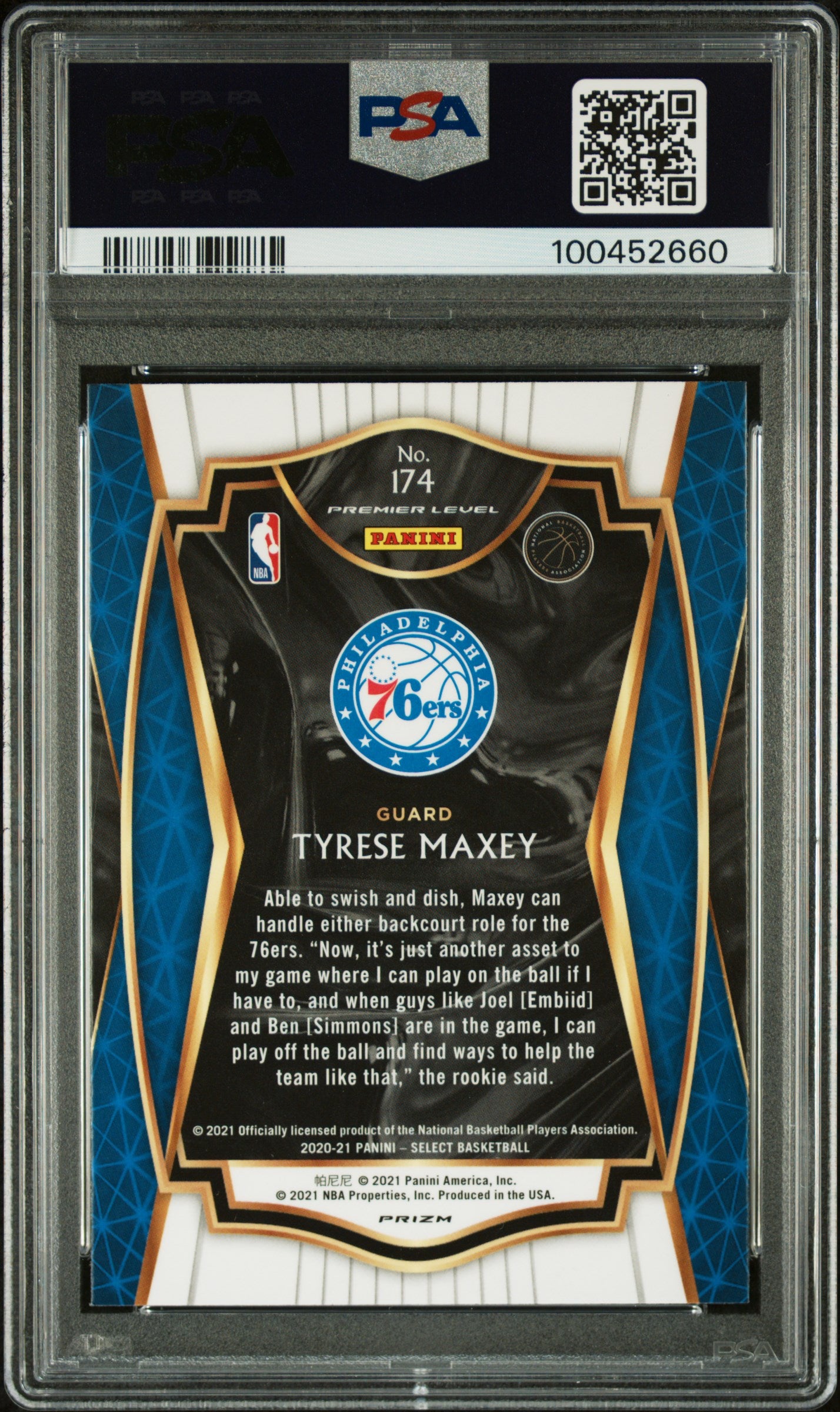 2020 Panini Select Premier Level Red White Orange Shimmer Prizm Tyrese Maxey #174 PSA 10