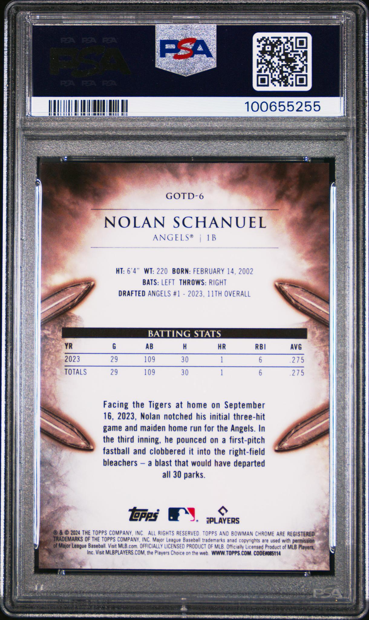2024 Bowman Chrome Gladiators of the Diamond Gladiators/Dia-Gold Ref Nolan Schanuel #6 /50 PSA 9