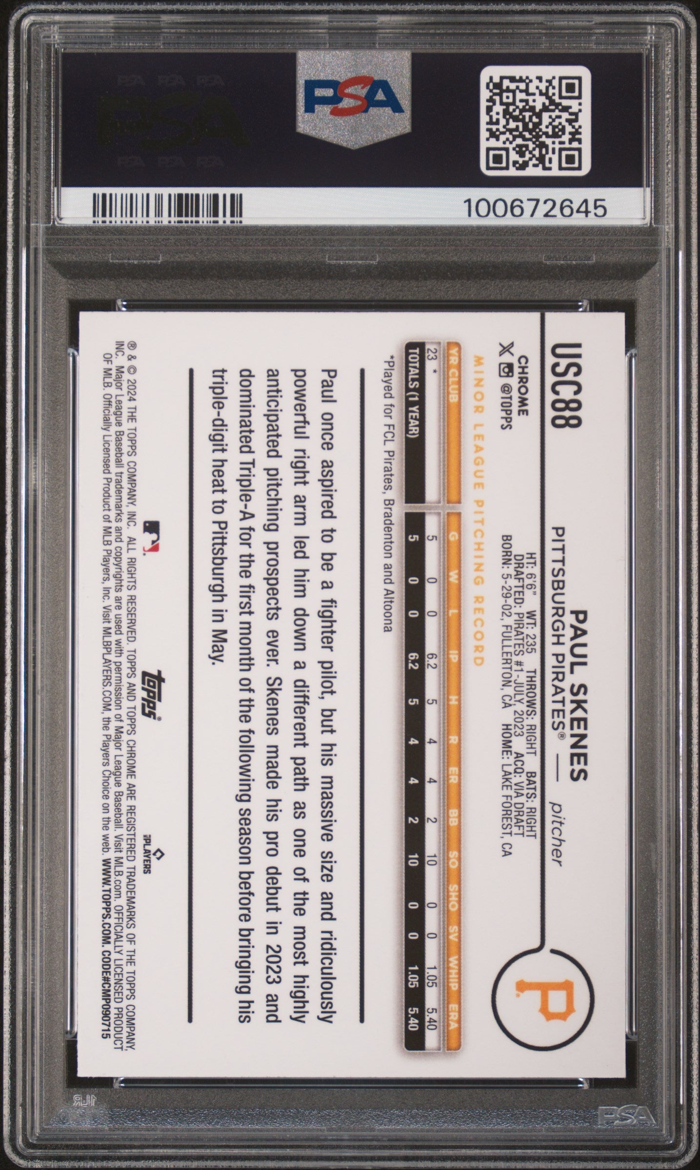 2024 Topps Chrome Update Magenta Refractor Paul Skenes #USC88 RC /399 PSA 10