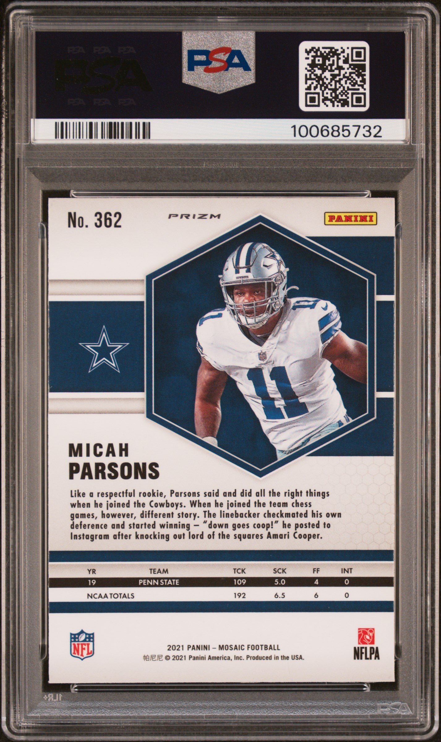 2021 Panini Mosaic Reactive Orange Mosaic Micah Parsons #362 PSA 10
