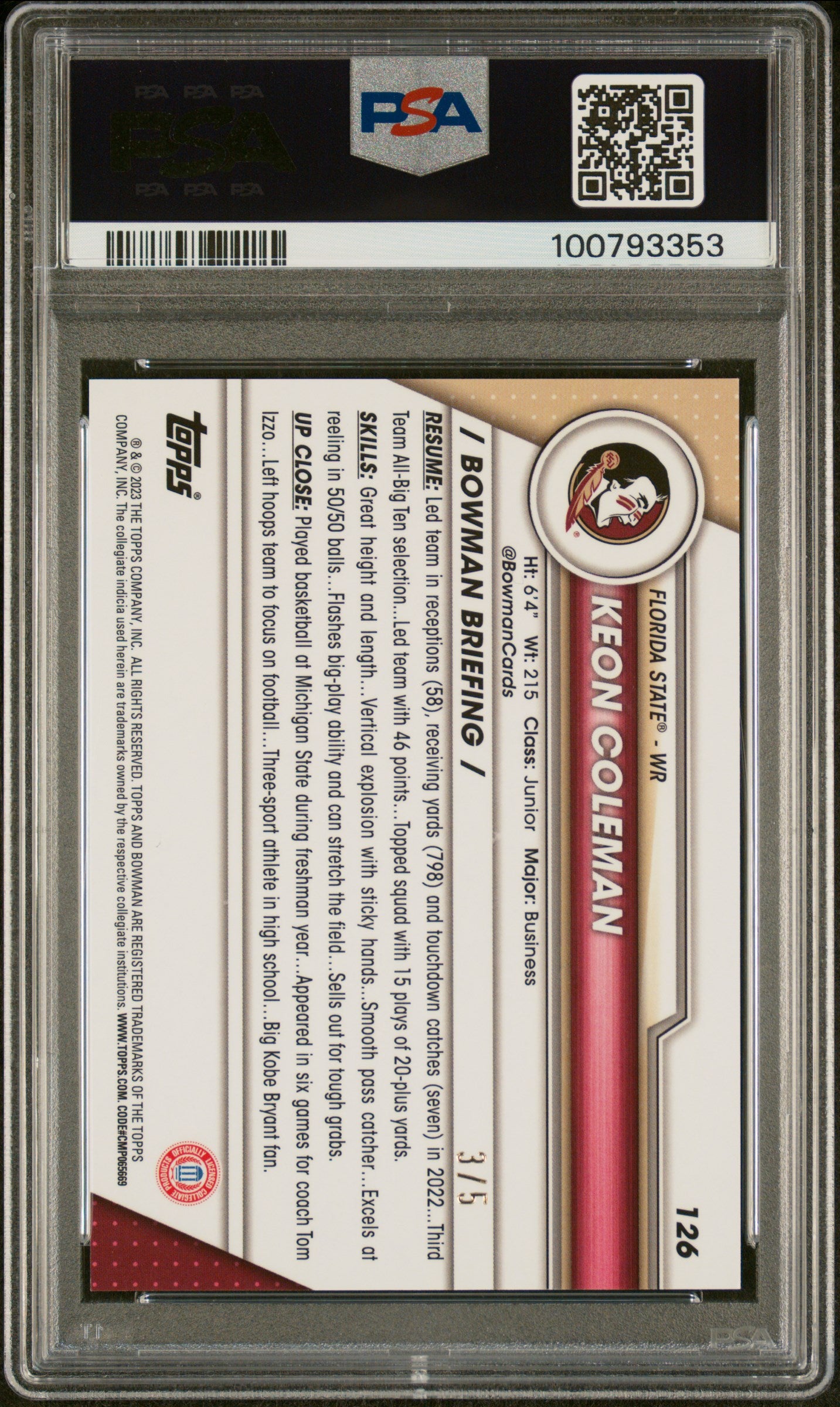 2023 Topps Bowman U Chrome Red Refractor Keon Coleman #126 1st Bowman /5 PSA 10