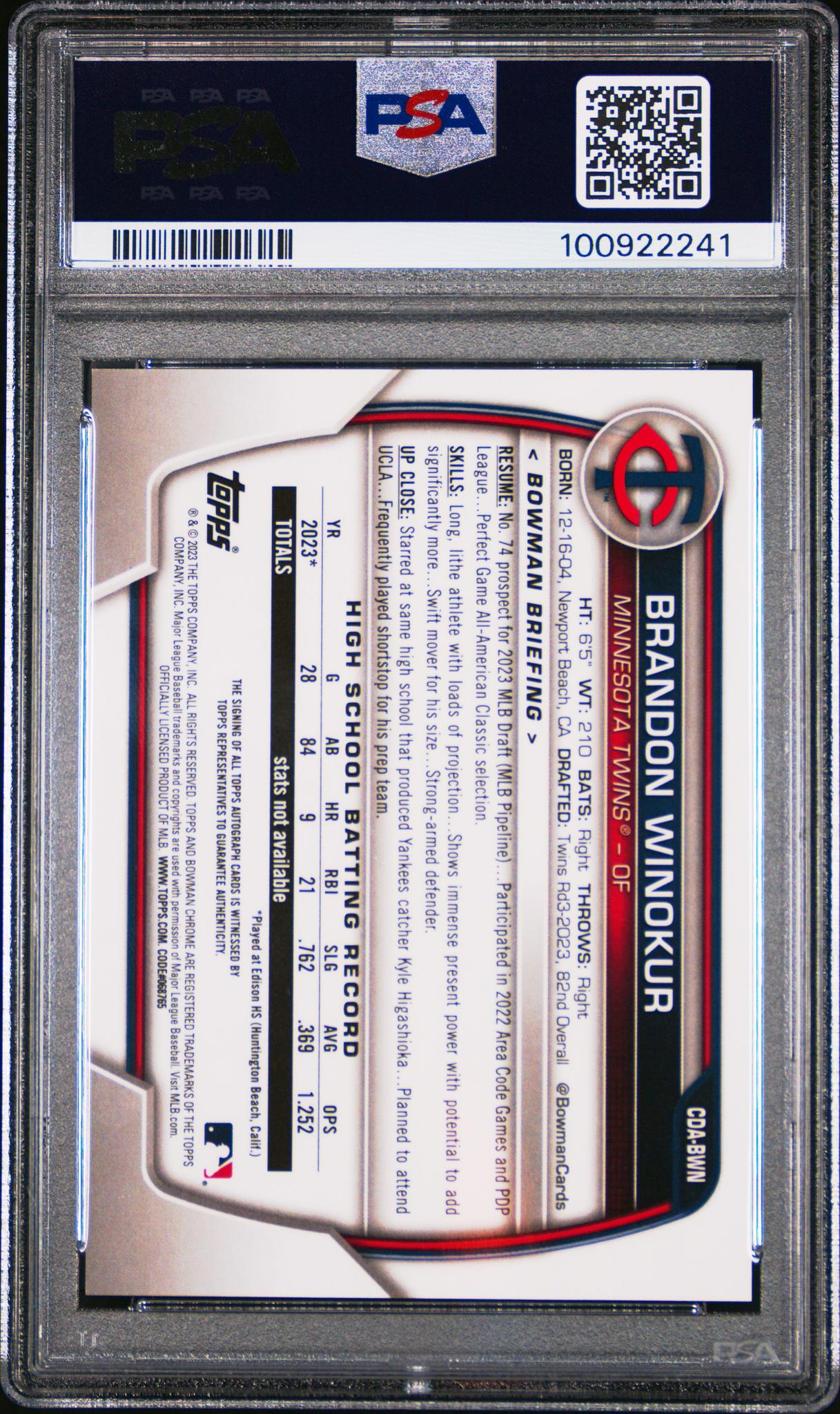 2023 Bowman Draft #CDABWN Brandon Winokur Chrome Autograph PSA 10