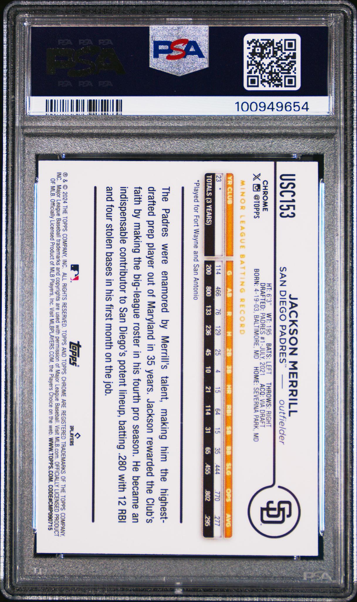 2024 Topps Chrome Update #USC153 Jackson Merrill Blue Raywave PSA 9