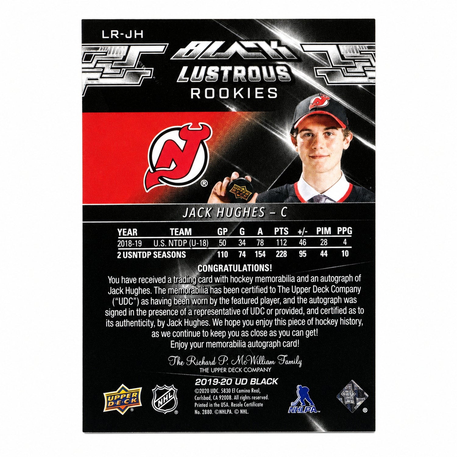 2019 SPx Jack Hughes Black Lustrous Rookie Auto Patch /75 RC