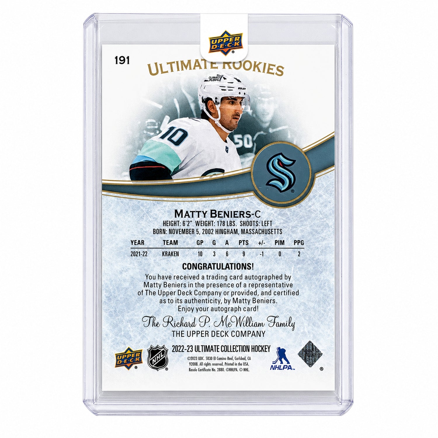 2022 Upper Deck Ultimate Rookies Matty Beniers Auto /99 #191