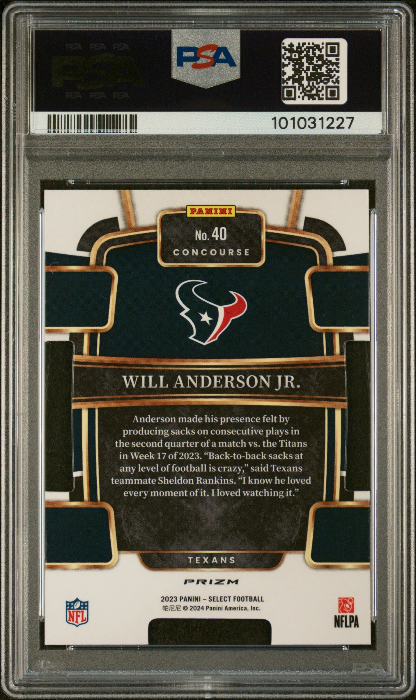 2023 Panini Select Die-Cut Zebra Prizm Will Anderson Jr. #40 RC PSA 9