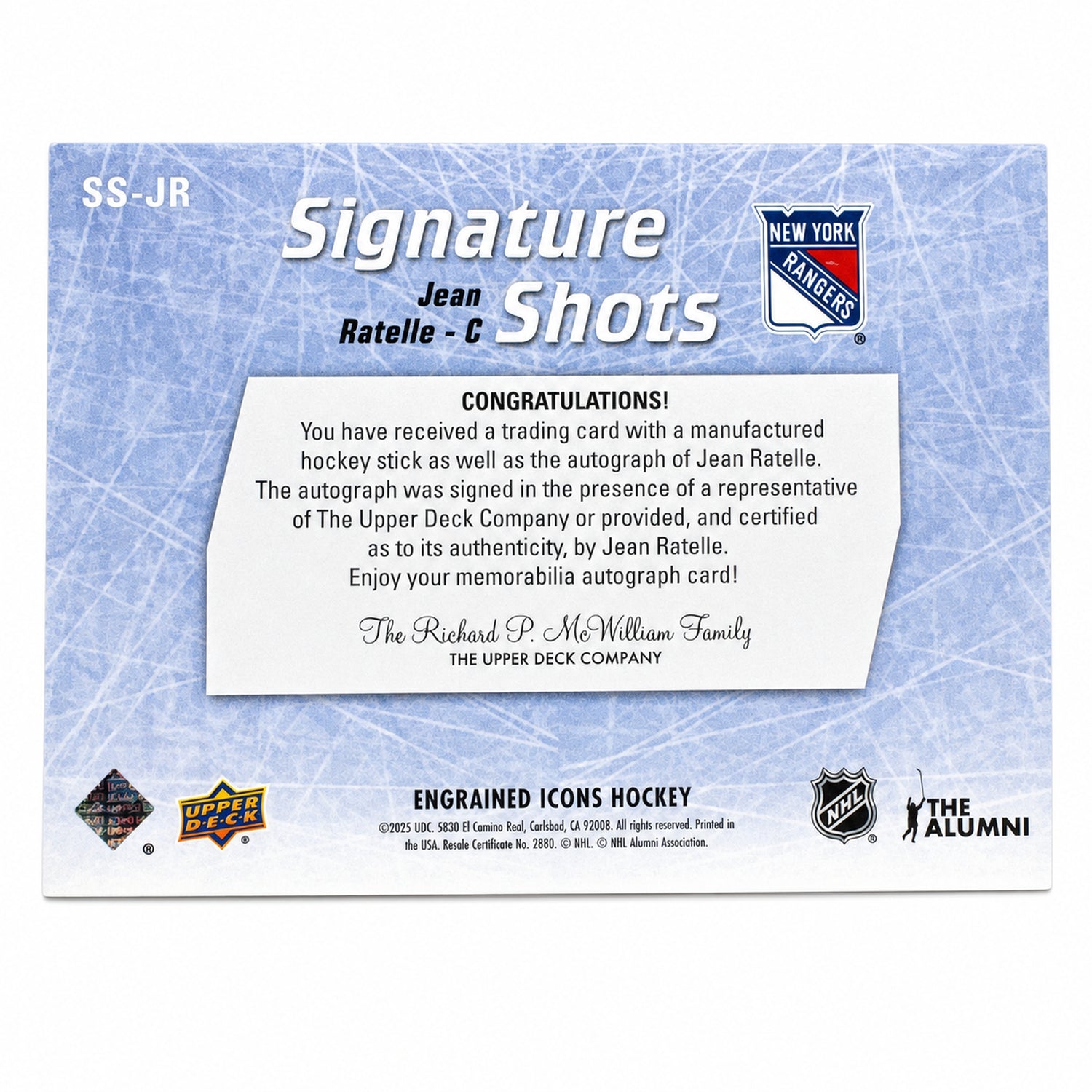 2024 Upper Deck Engrained Icons Jean Ratelle Signature Shots Stick Patch Auto