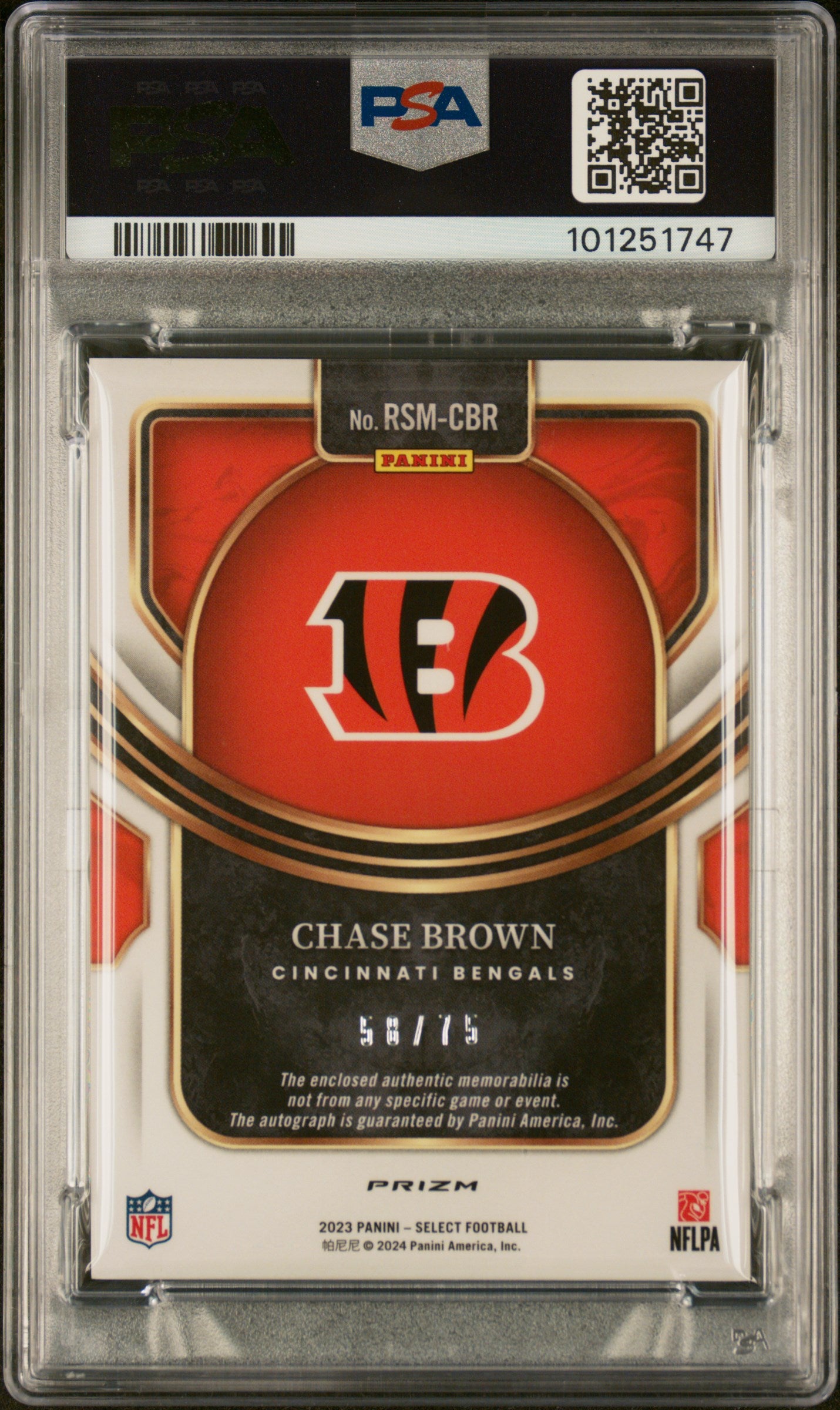 2023 Panini Select Rookie Signature Memorabilia #RSMCBR Chase Brown Rookie Sig Mem-Blue Prizm PSA 7