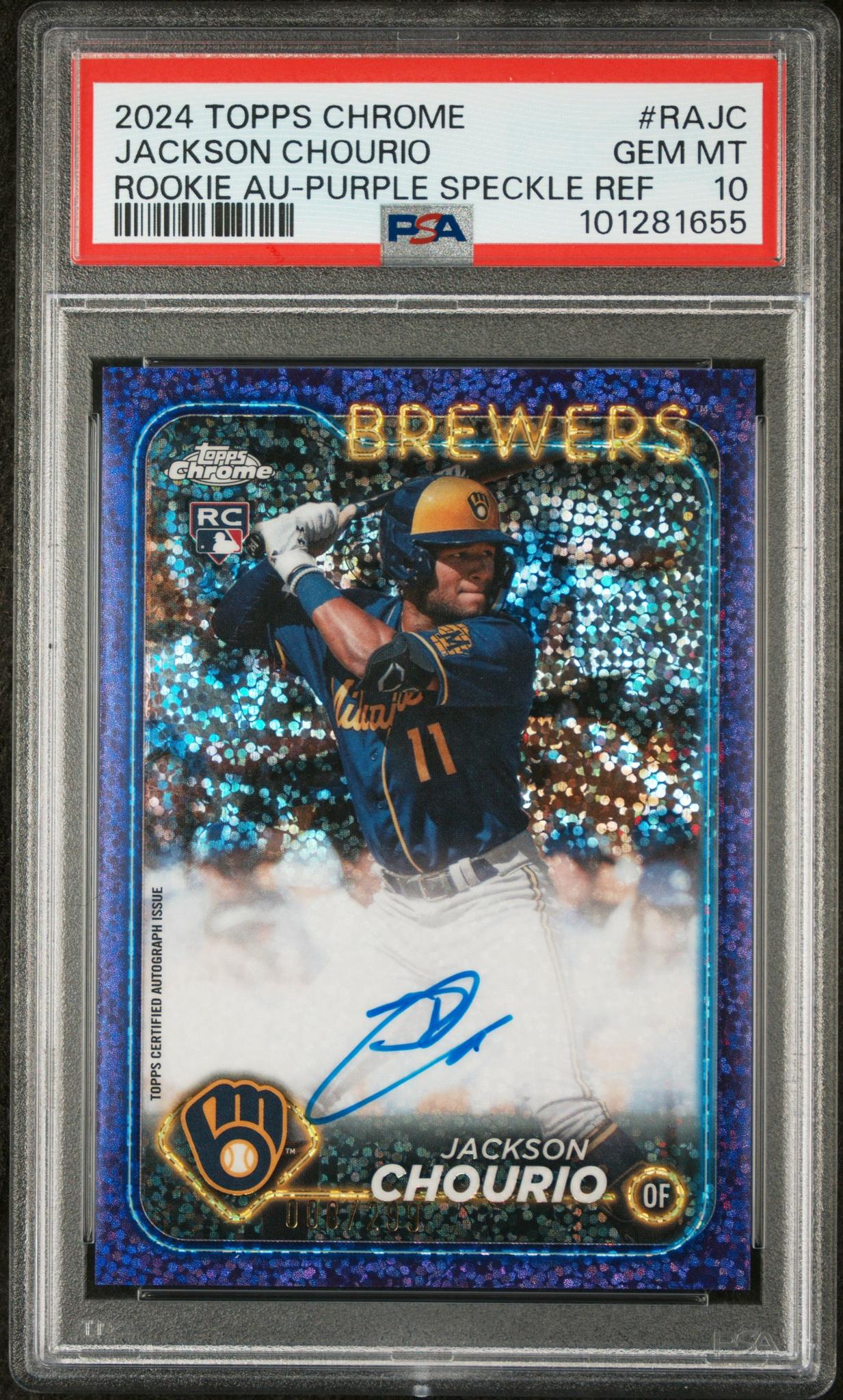 2024 Topps Chrome Rookie Autograph Purple Speckle Refractor Jackson Chourio #RA-JC /299 /399 PSA 10