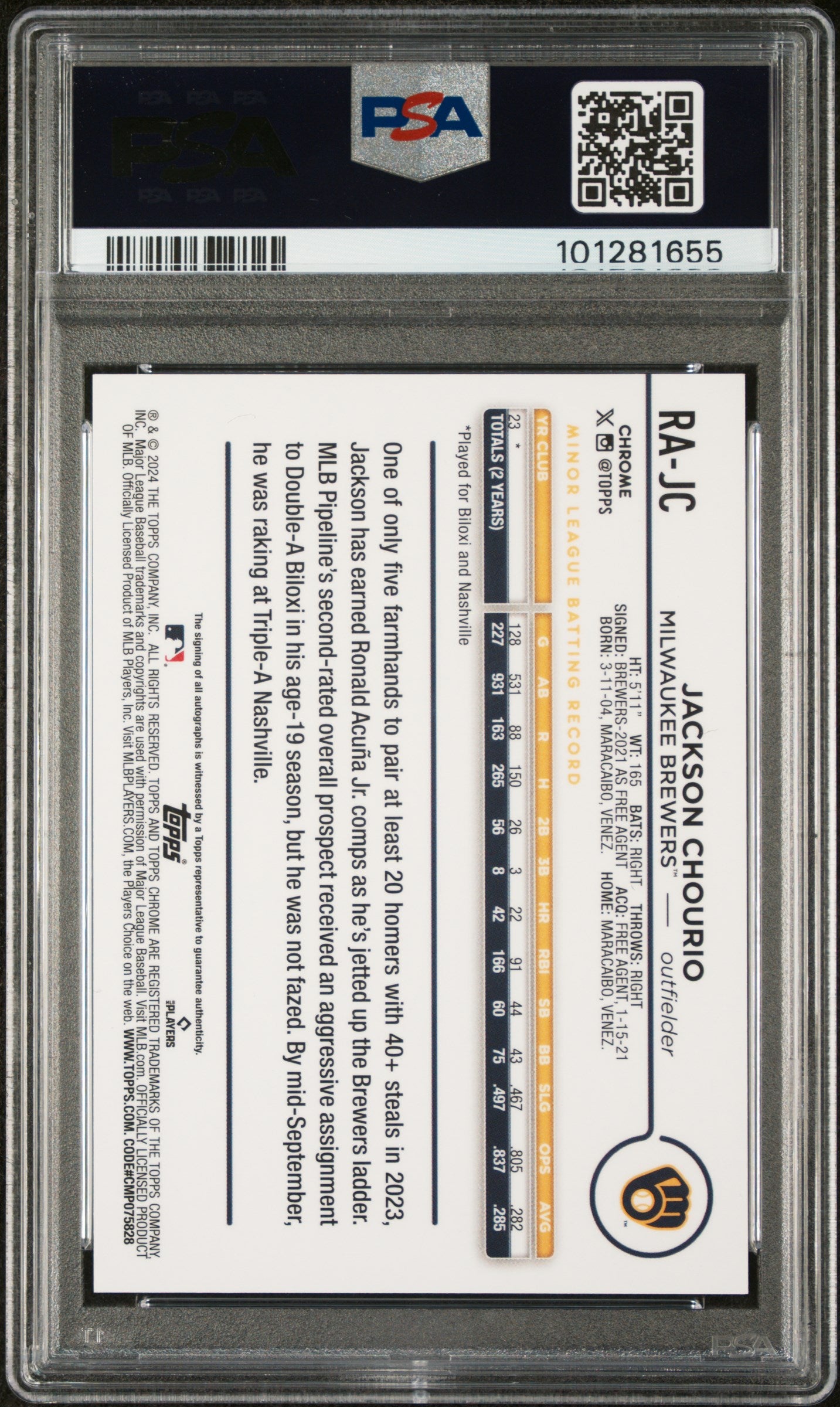 2024 Topps Chrome Rookie Autograph Purple Speckle Refractor Jackson Chourio #RA-JC /299 /399 PSA 10