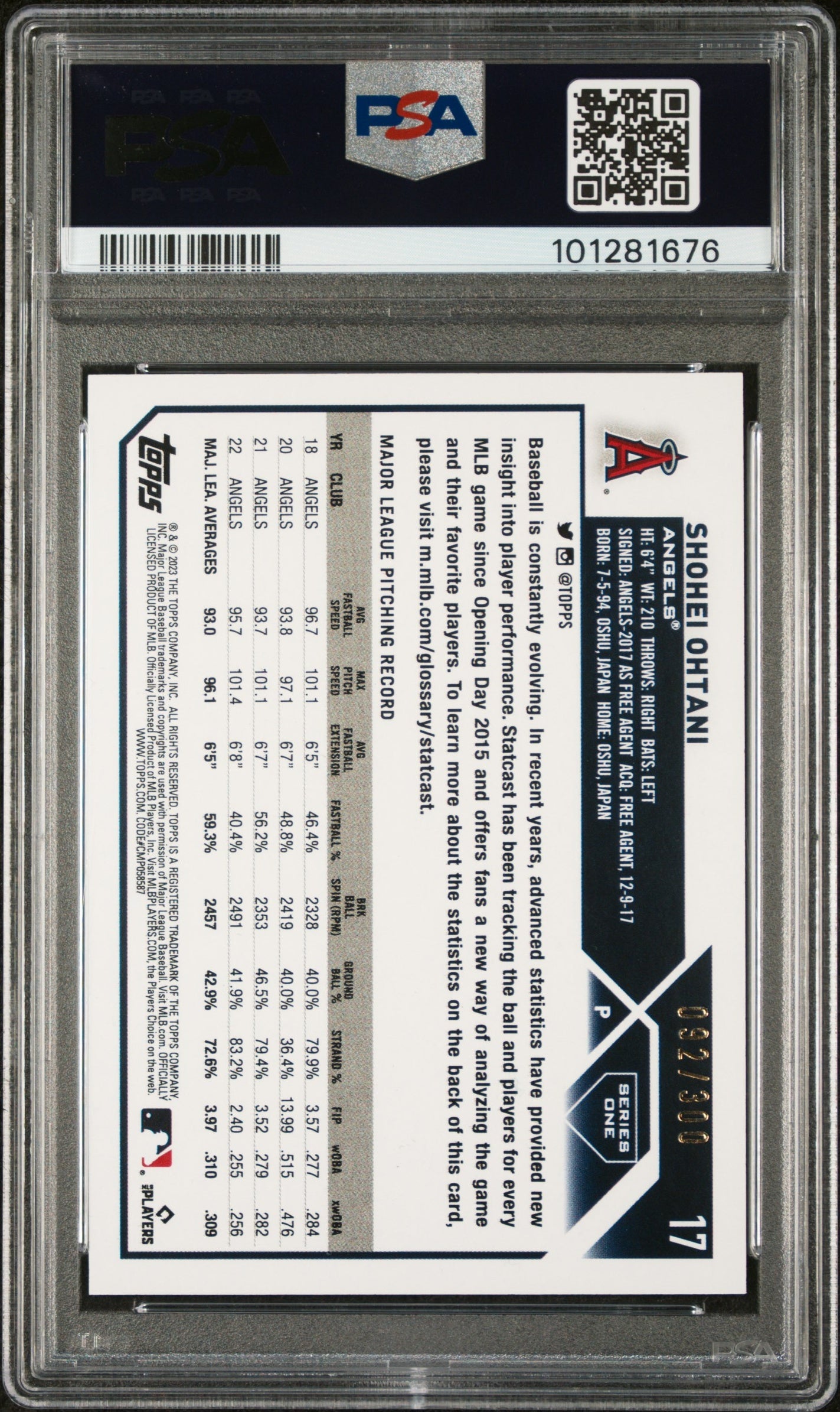 2023 Topps #17 Shohei Ohtani Advanced Stats /300 PSA 10