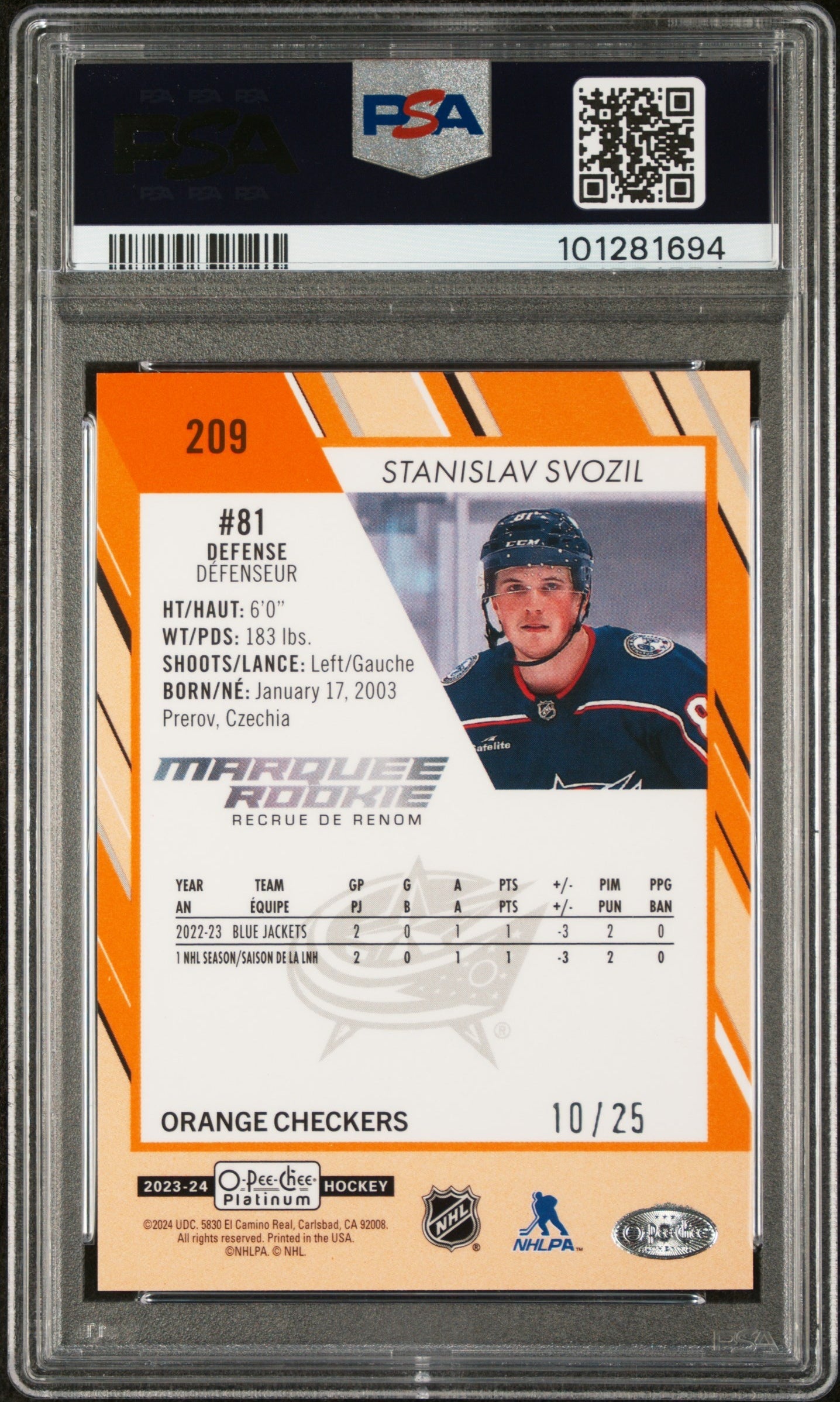 2023 O-Pee-Chee Platinum #209 Stanislav Svozil Orange Checkers PSA 9