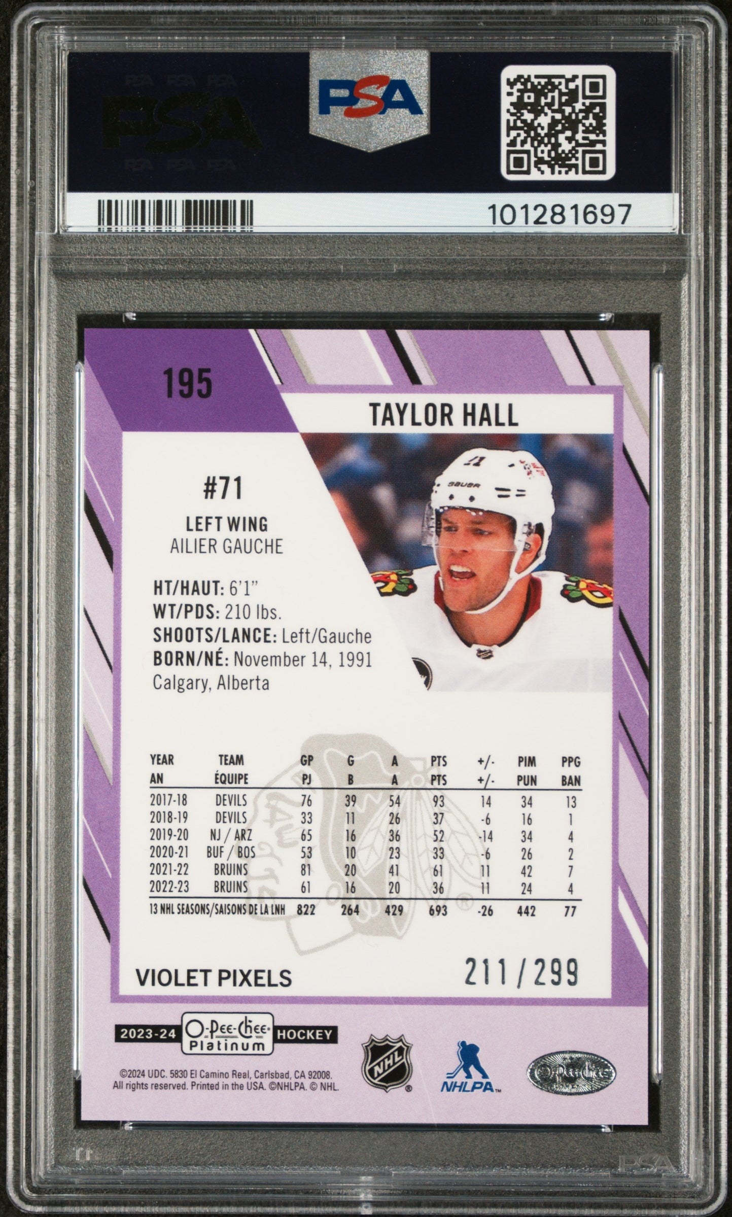 2023 O-Pee-Chee Platinum #195 Taylor Hall Violet Pixels PSA 10