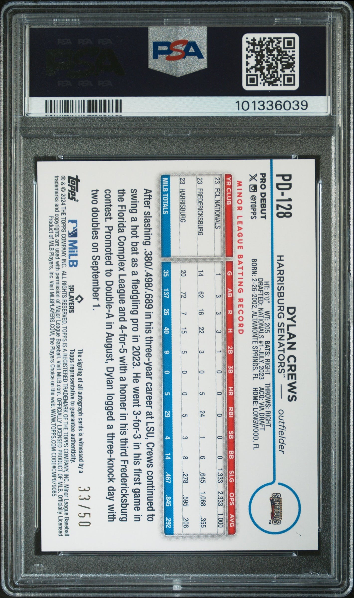 2024 Topps Pro Debut #PD128 Dylan Crews Autograph-Gold Foil PSA 10