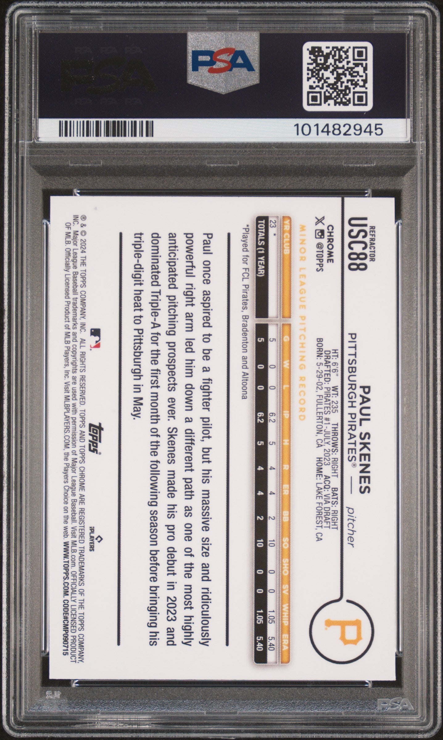 2024 Topps Chrome Update Refractor Paul Skenes #USC88 RC PSA 9