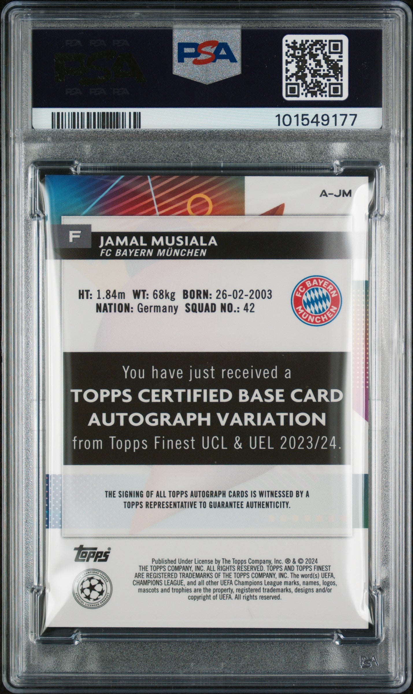 2023-24 Topps Finest UCC Gold Refractor Jamal Musiala #A-JM Auto /50 PSA 9