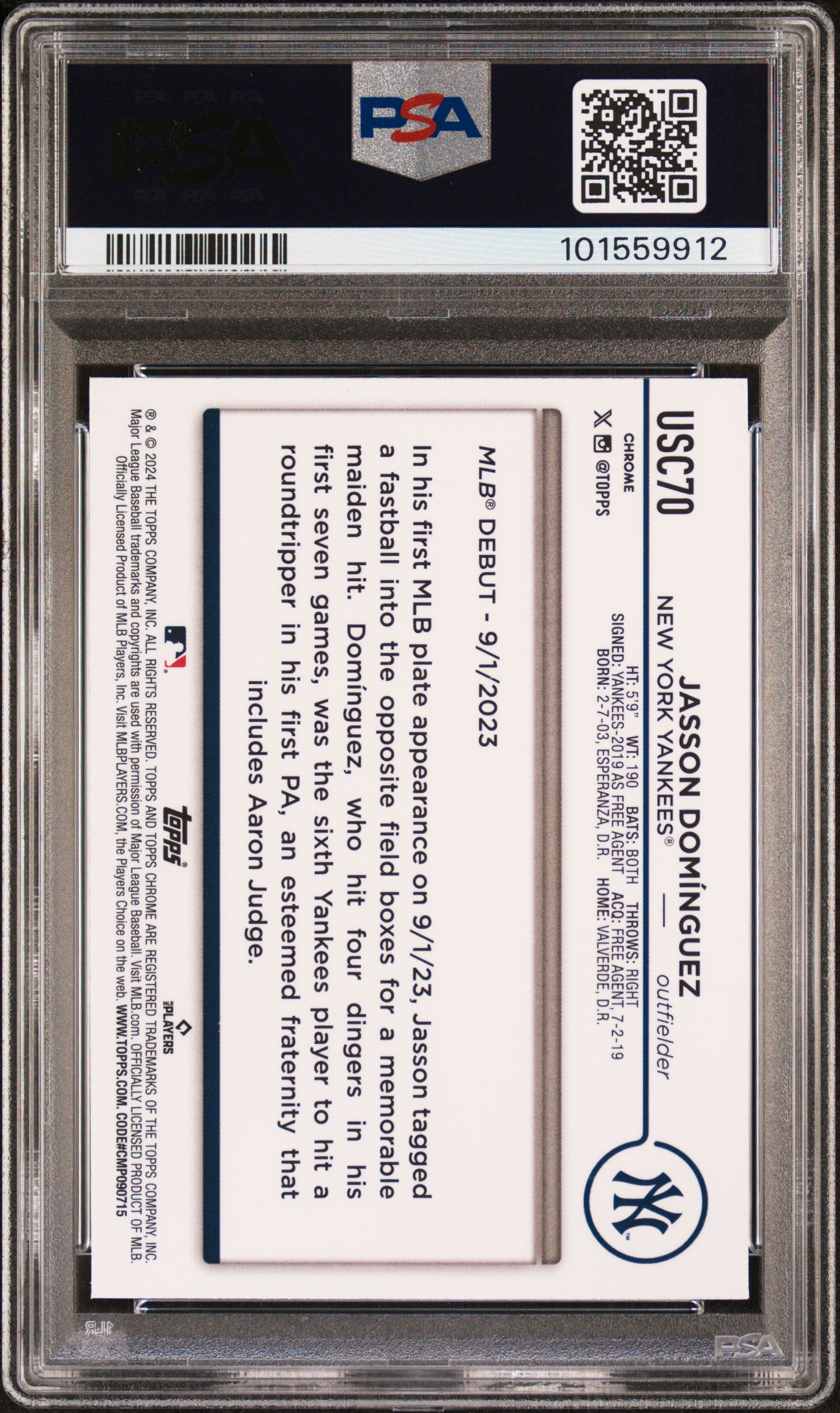 2024 Topps Chrome Update X-Fractor Jasson Dominguez #USC70 RC PSA 10