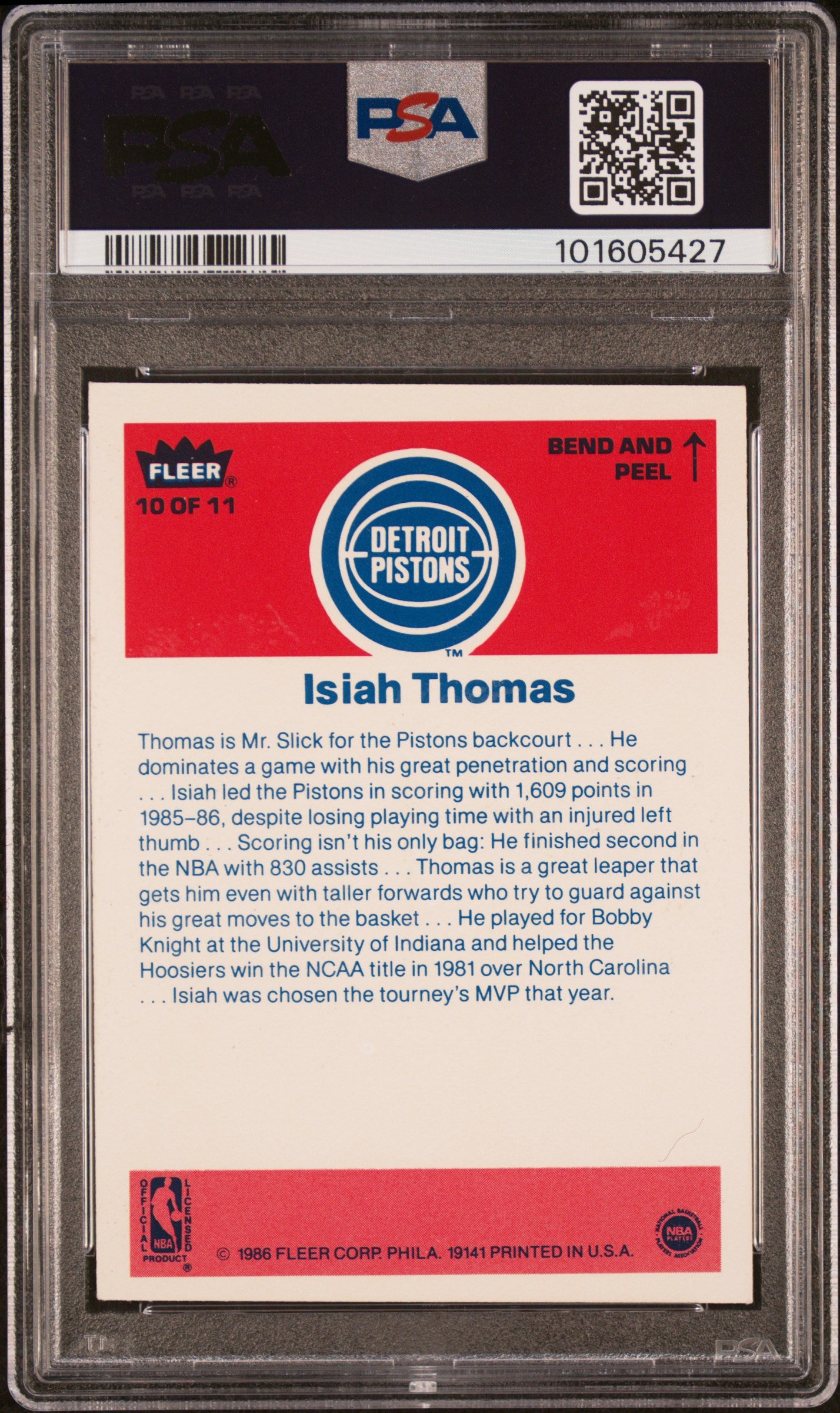 1986 Fleer Basketball Sticker Isiah Thomas #10 PSA 5