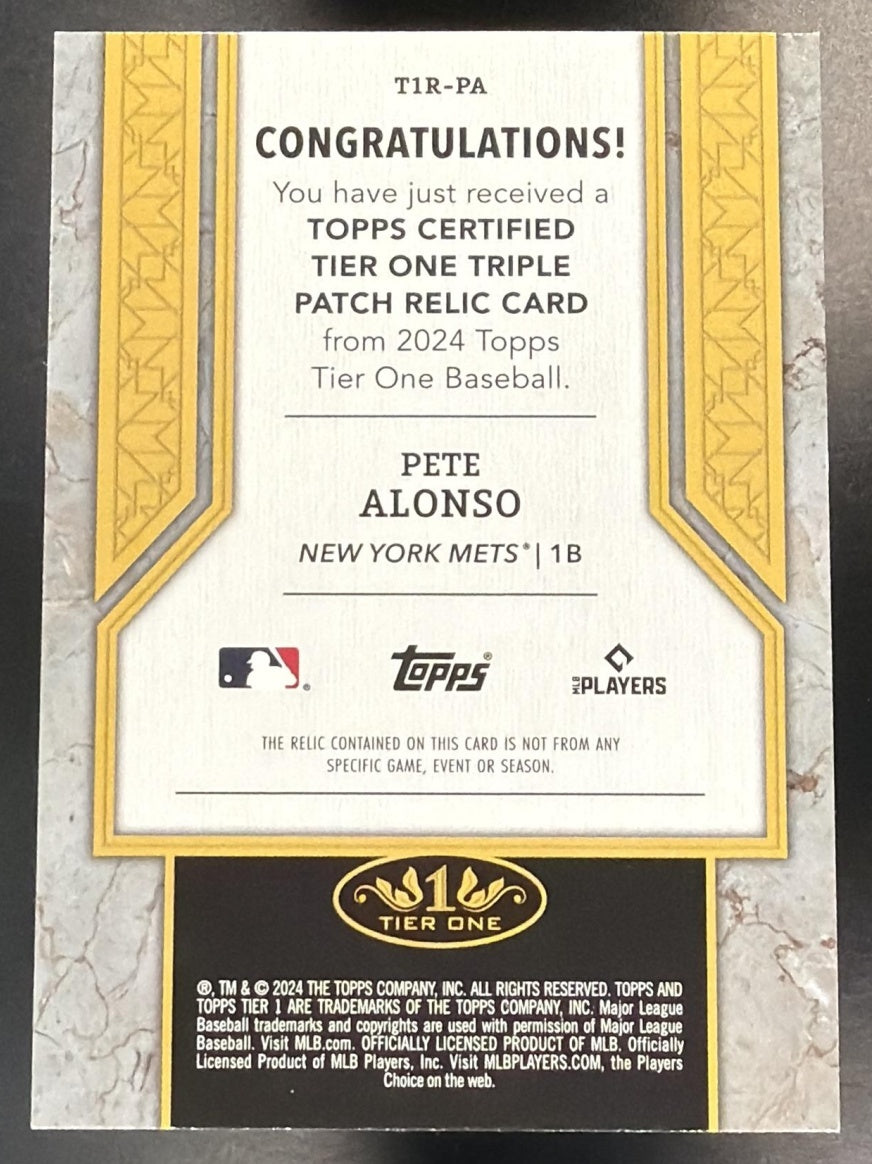 2024 Topps Tier One Pete Alonso #T1R-PA Relics Triple Platch 1/1 MEM Mets