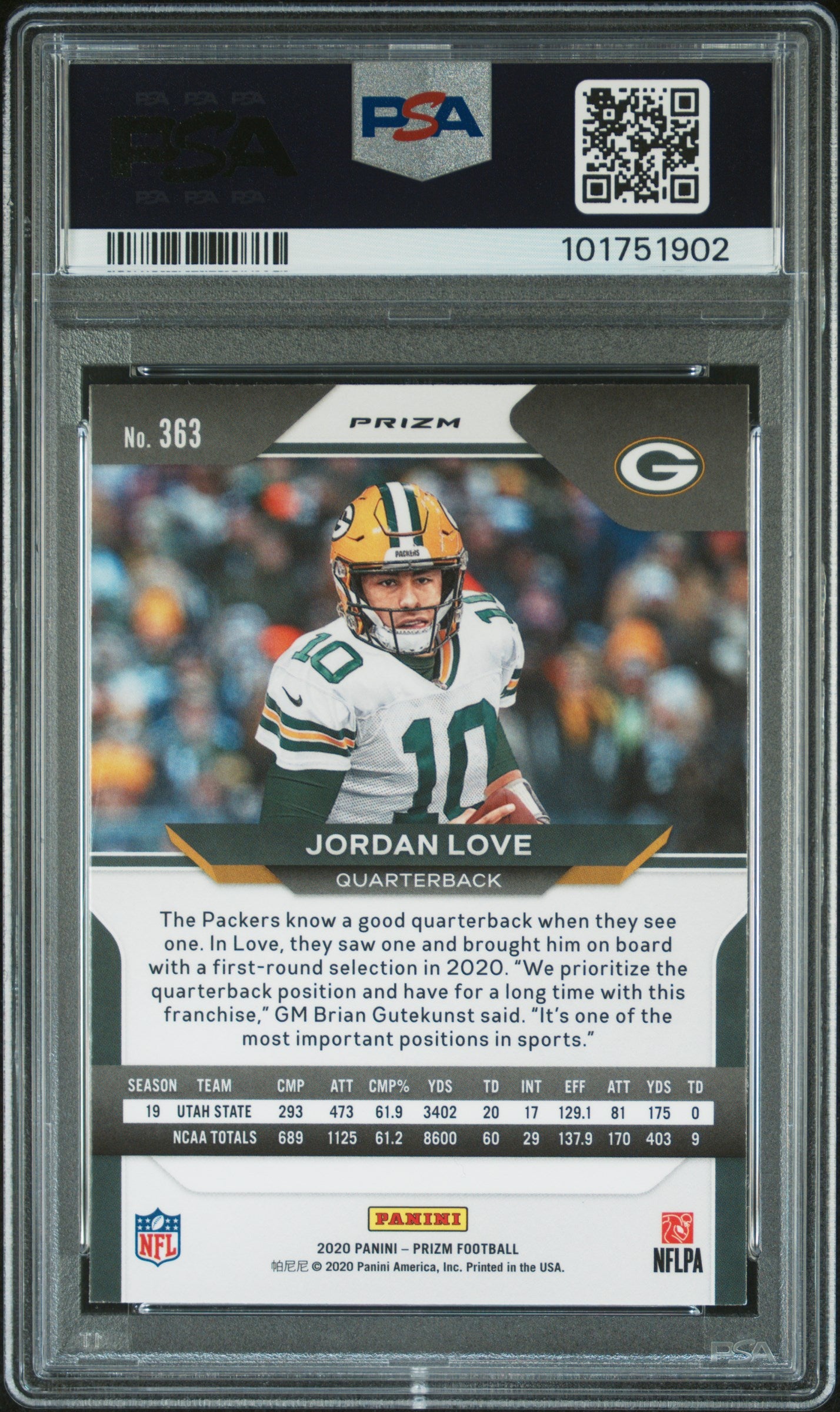 2020 Panini Prizm Green Prizm Jordan Love #363 RC PSA 9