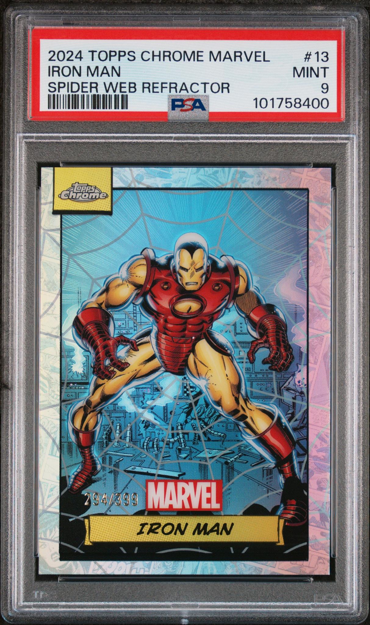 2024 Topps Chrome Marvel Spider Web Refractor Iron Man #13 /399 PSA 9