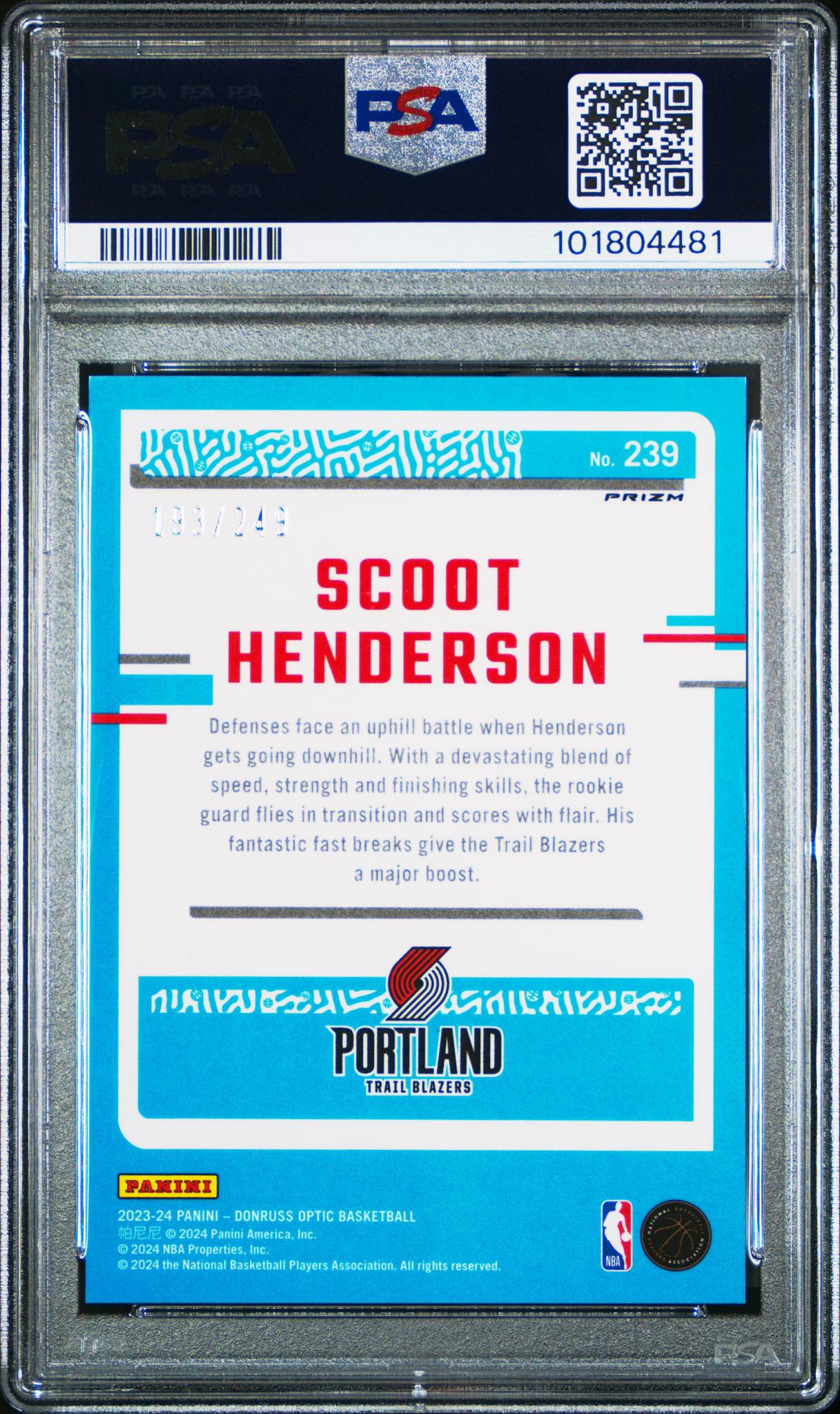 2023 Panini Donruss Optic Aqua Scoot Henderson #239 RC /249 PSA 10