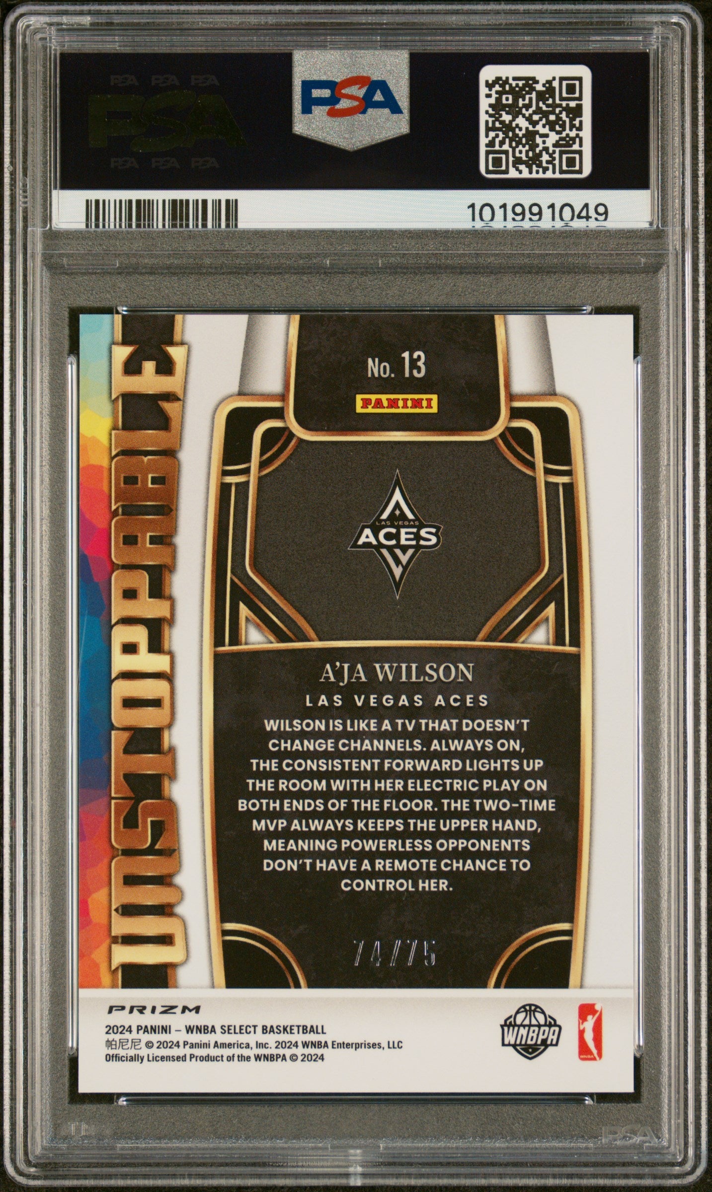 2024 Panini Select WNBA Unstoppable White Disco A'ja Wilson #13 /75 PSA 10