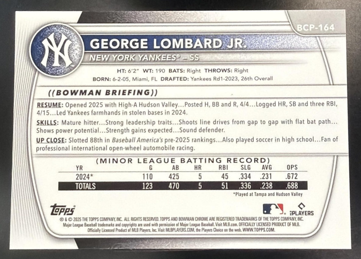 2025 Bowman Chrome Mega Box George Lombard Jr. #BCP-164 Prospects Red Mojo Refractor /5