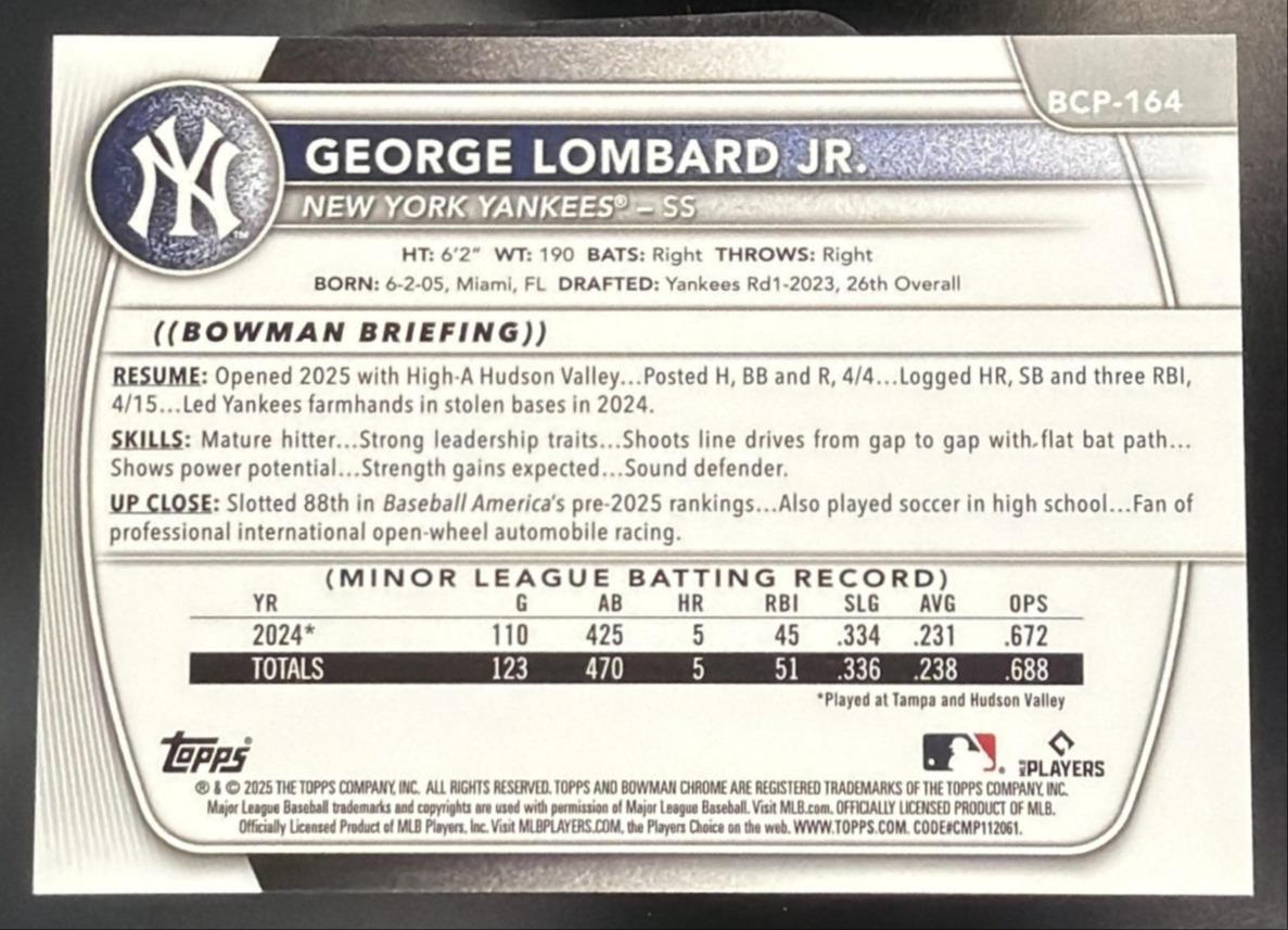 2025 Bowman Chrome George Lombard Jr. #BCP-164 Prospects Black Wave Refractor /10
