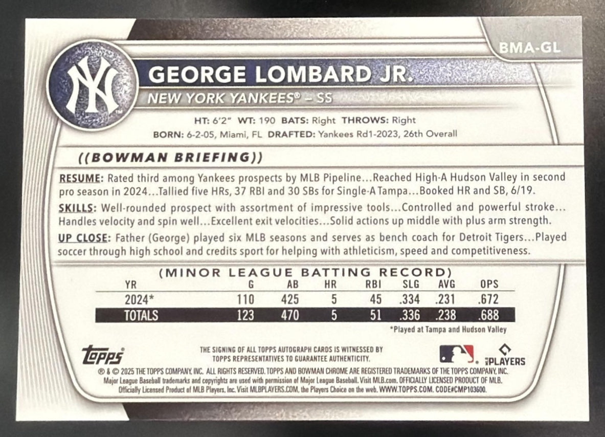 2025 Bowman George Lombard Jr. #BMA-GL Chrome Prospect Auto Mega Box Gold Refractor /50