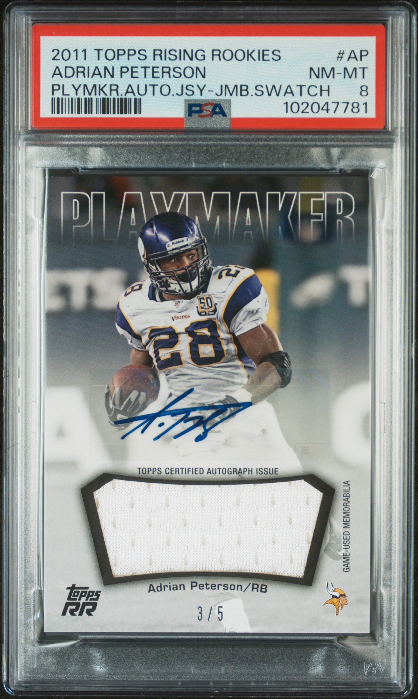 2011 Topps Rising Rookies Playmaker Autograph Jersey #AP Adrian Peterson Plymkr.Auto.Jsy-Jmb.Swatch PSA 8