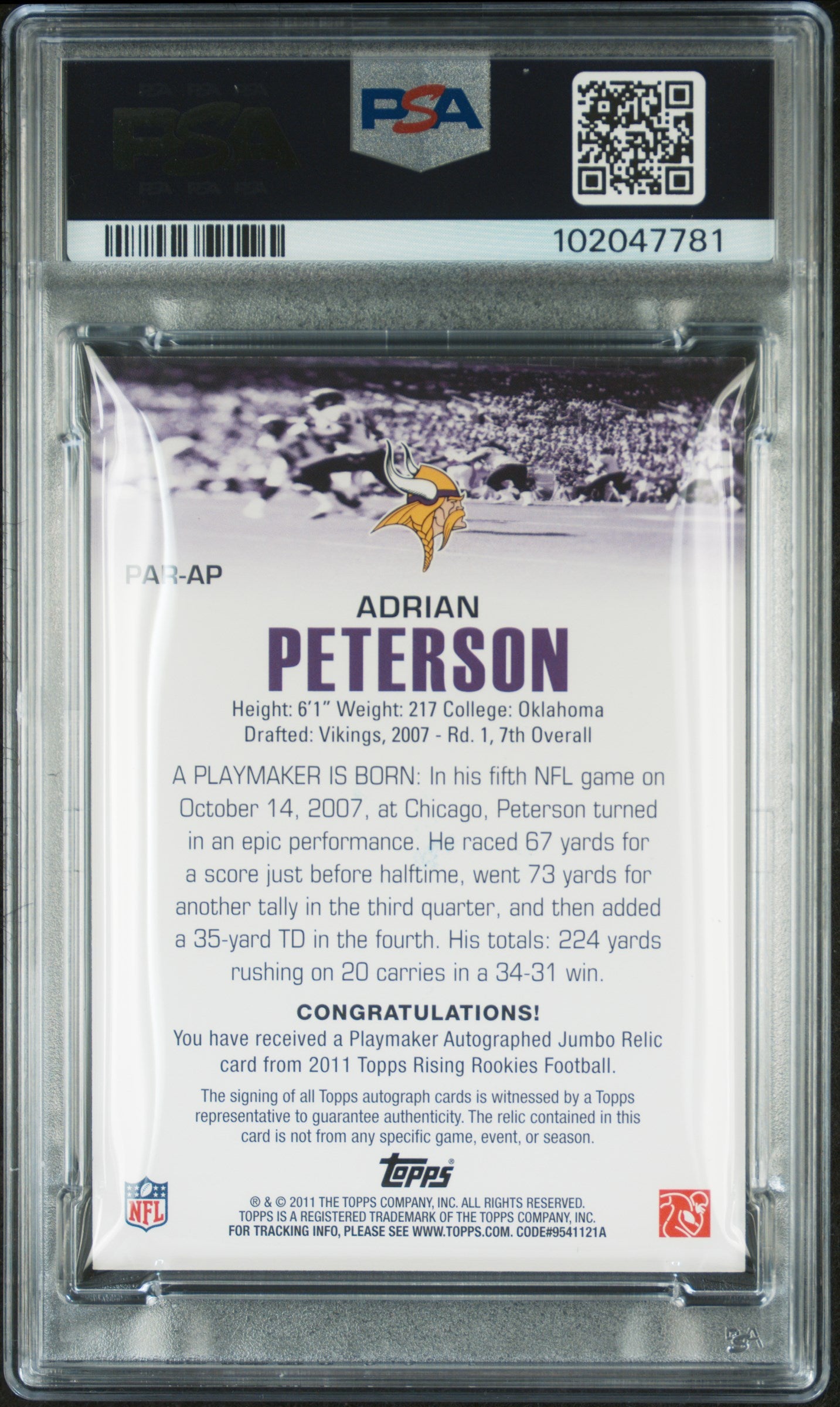 2011 Topps Rising Rookies Playmaker Autograph Jersey #AP Adrian Peterson Plymkr.Auto.Jsy-Jmb.Swatch PSA 8