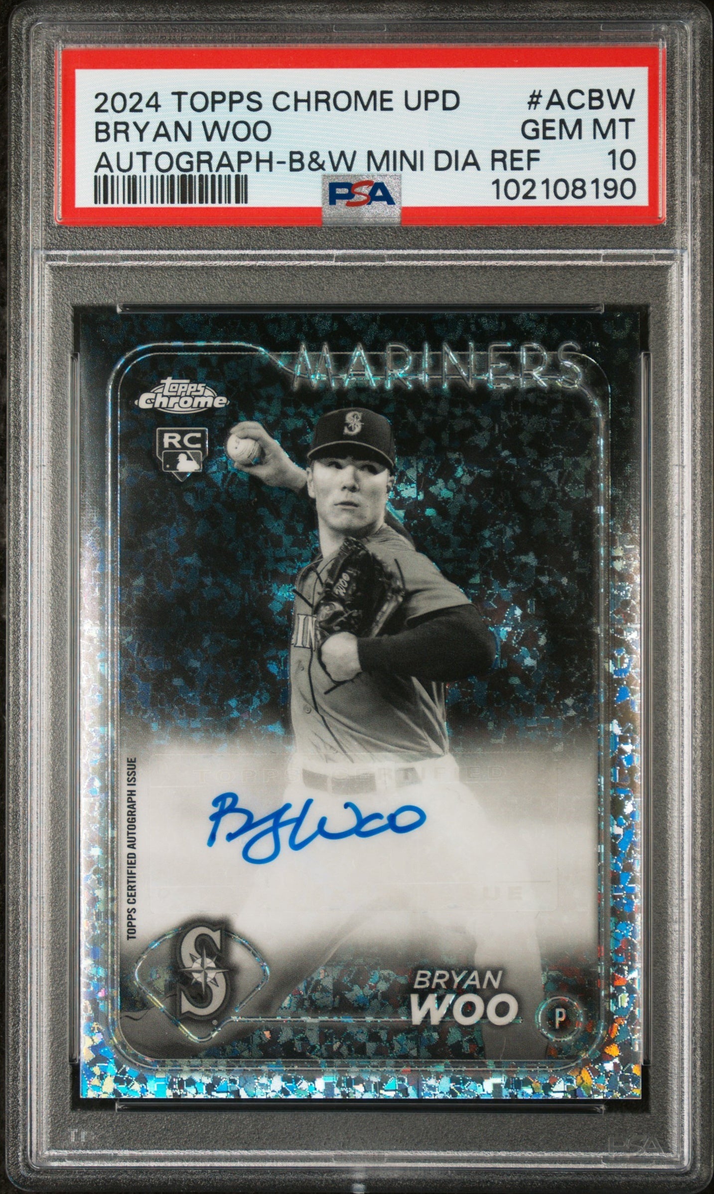 2024 Topps Chrome Update Chrome Baseball Update Series Autographs #ACBW Bryan Woo Autograph-B&W Mini Dia Ref PSA 10