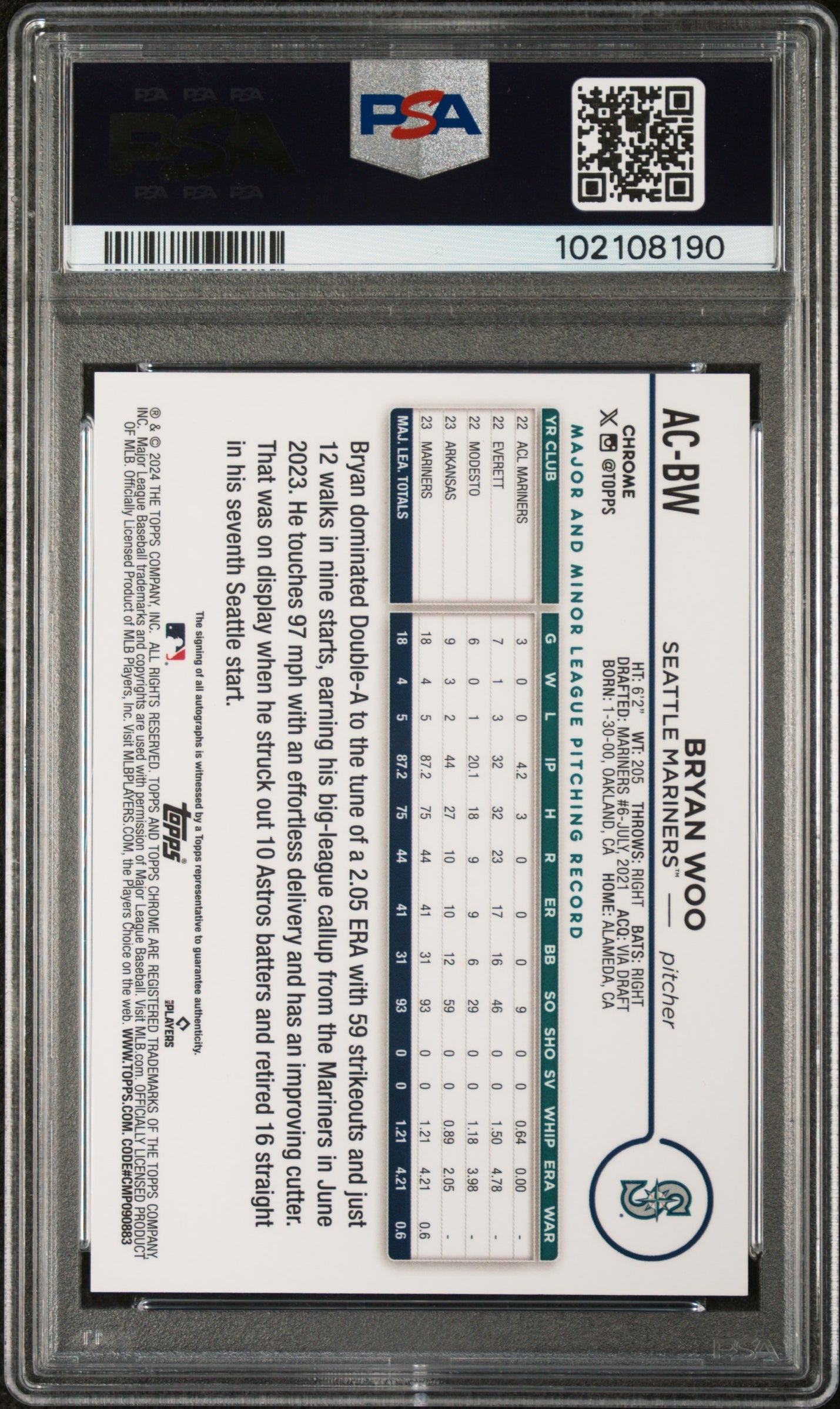 2024 Topps Chrome Update Chrome Baseball Update Series Autographs #ACBW Bryan Woo Autograph-B&W Mini Dia Ref PSA 10