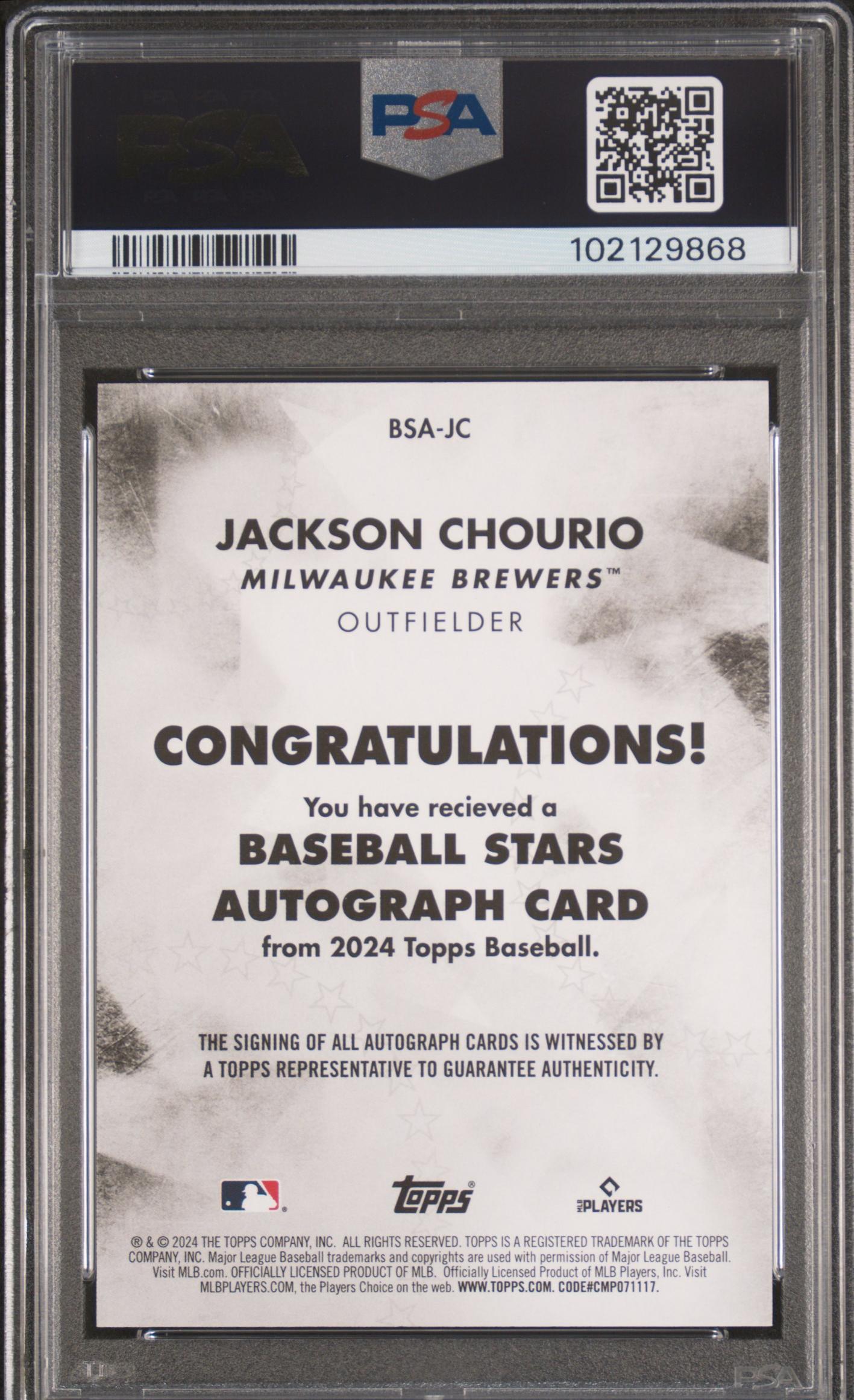 2024 Topps Baseball Stars Jackson Chourio #BSAJC RC Auto PSA 10