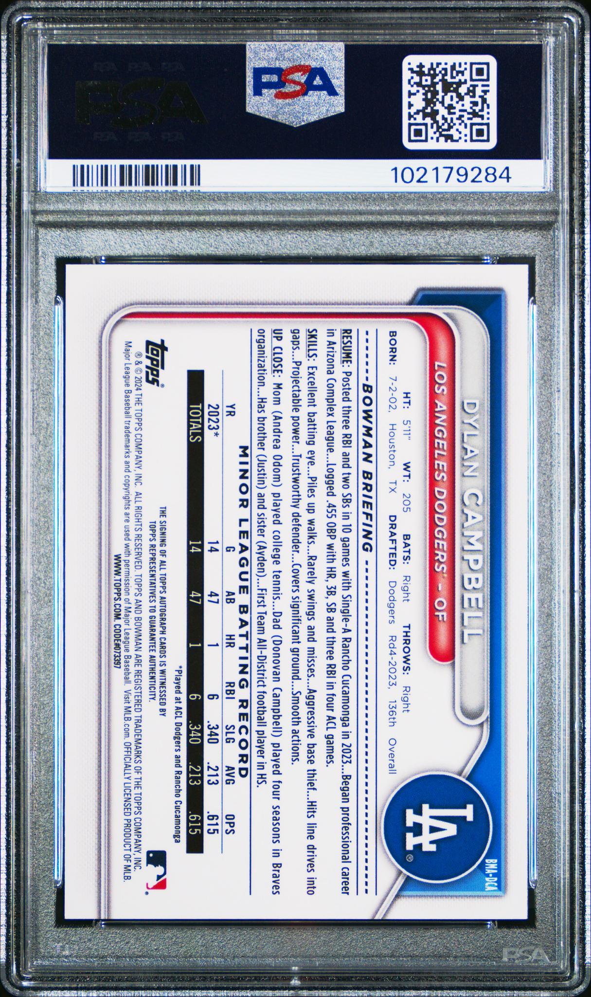 2024 Bowman Chrome Mega Box Mojo Dylan Campbell #DCA Auto PSA 10