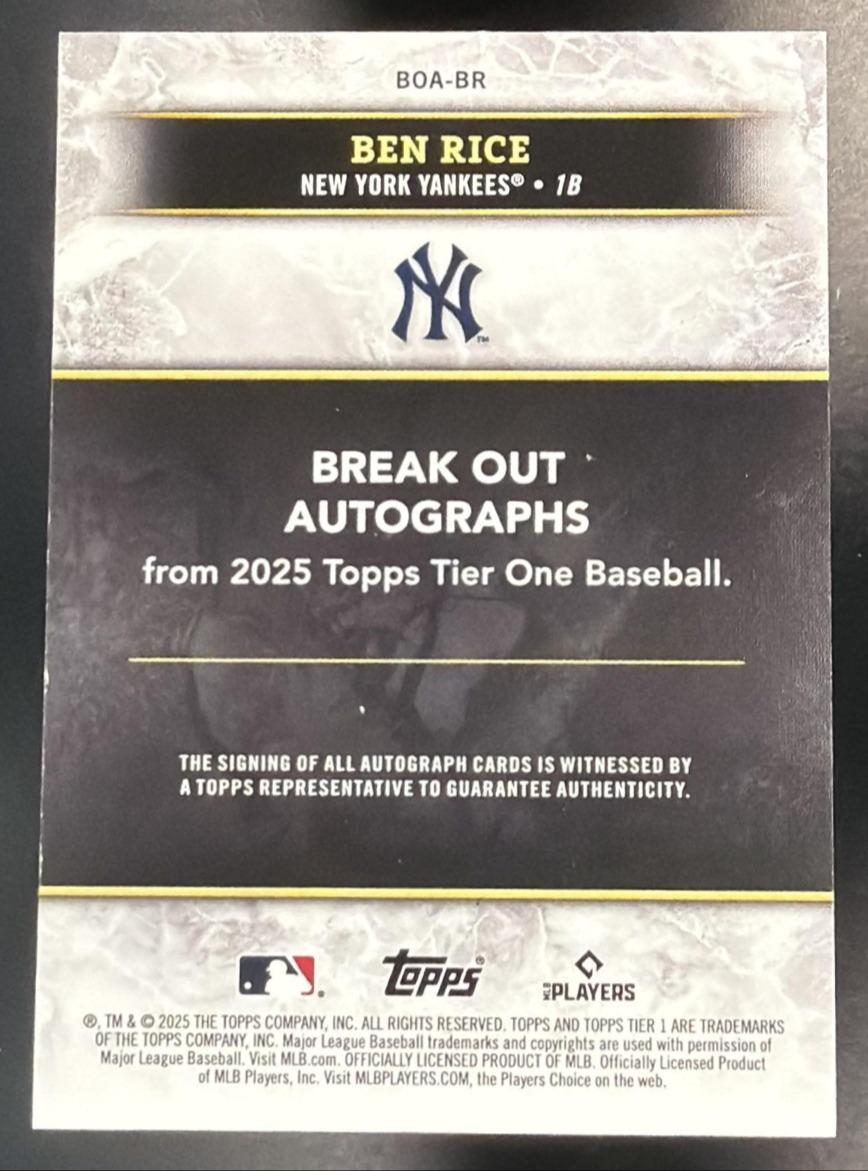 2025 Topps Tier One Ben Rice #BOA-BR Break Out Auto Red Foil 16/25 RC Yankees