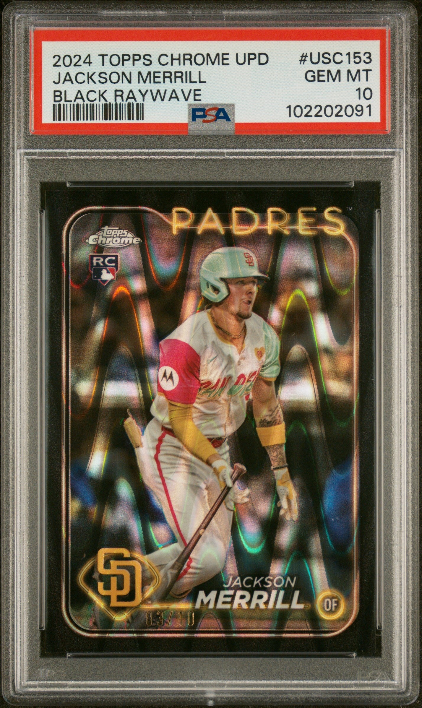 2024 Topps Chrome Black Raywave Jackson Merrill #USC153 RC /10 PSA 10