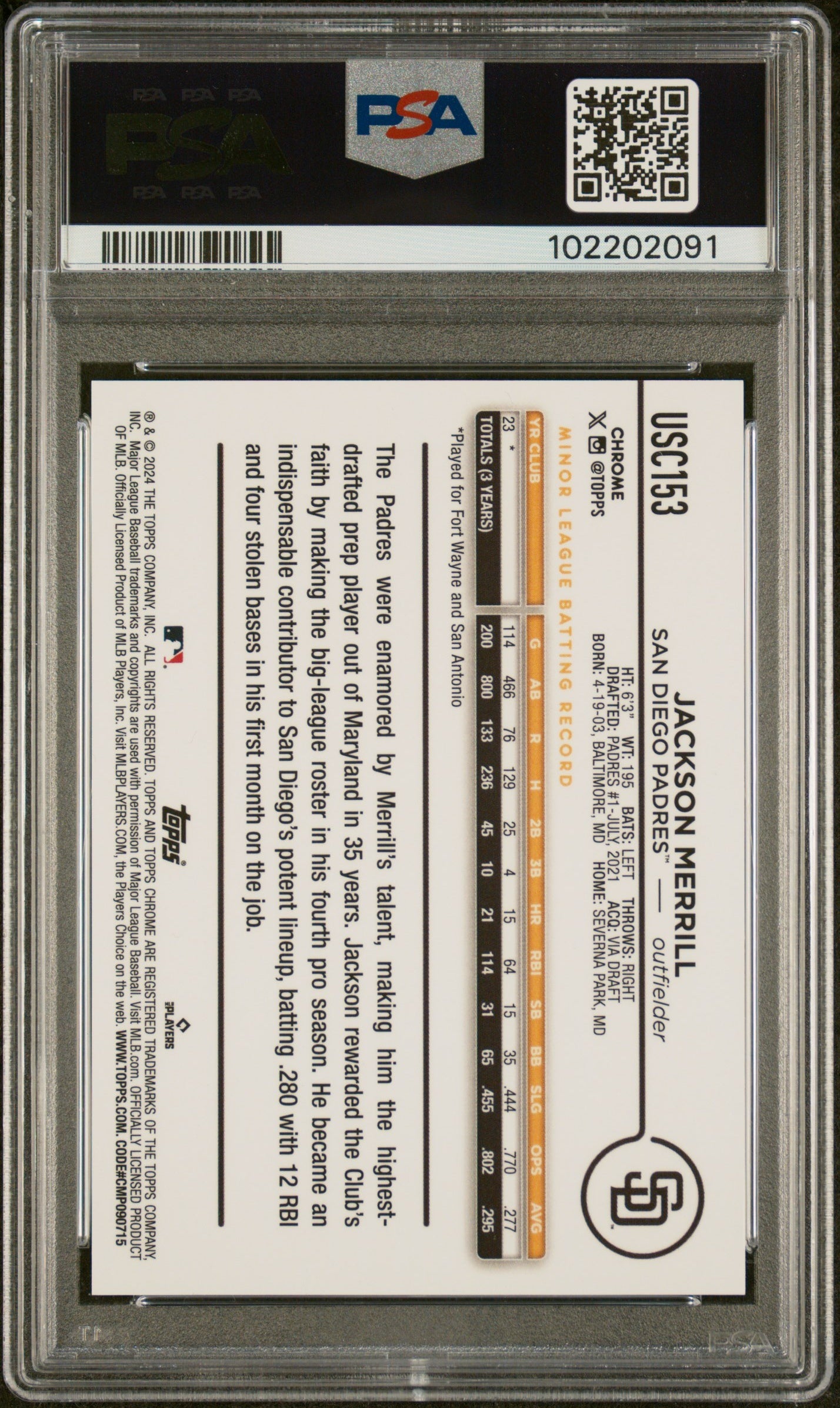 2024 Topps Chrome Black Raywave Jackson Merrill #USC153 RC /10 PSA 10
