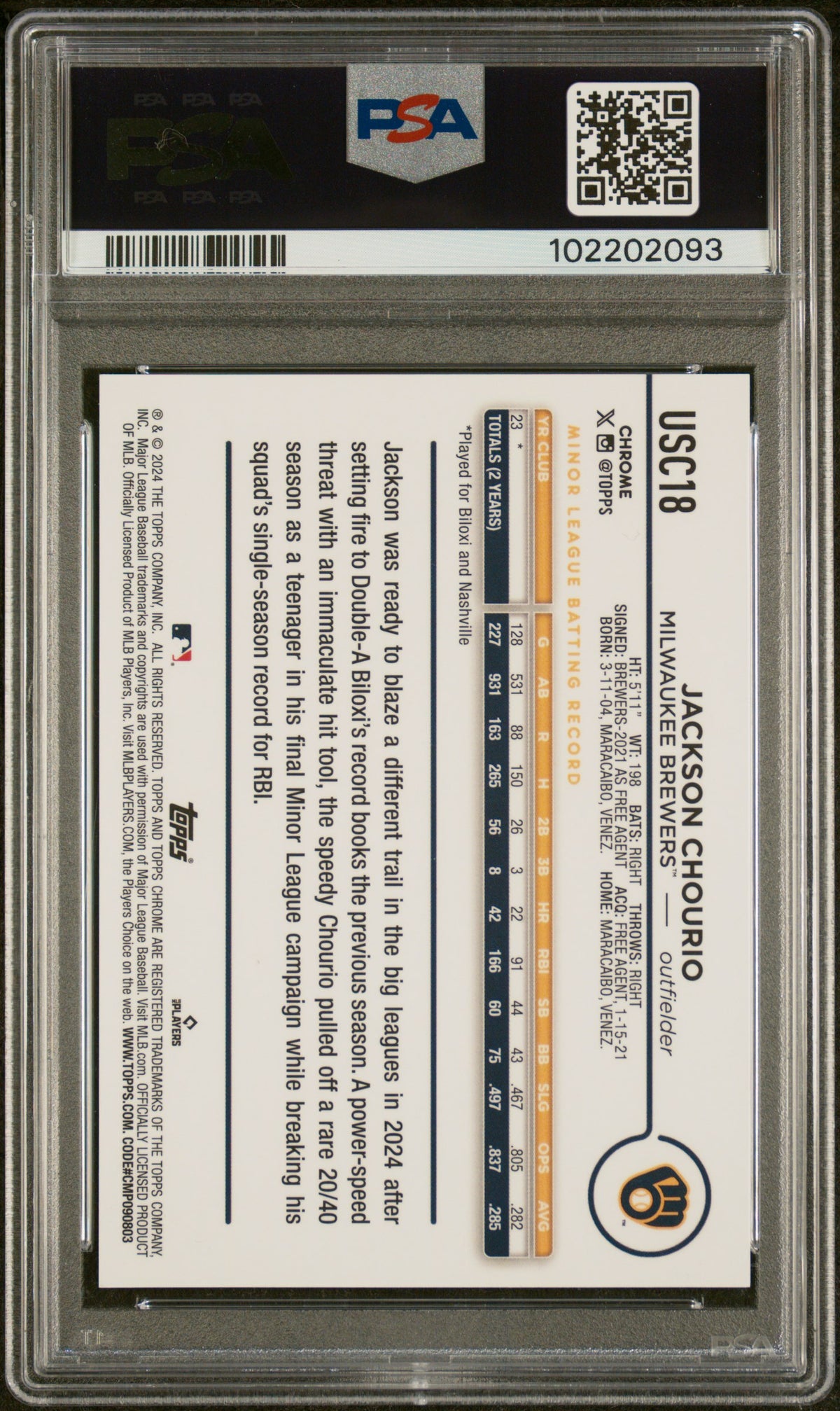 2024 Topps Chrome Update Frozenfractor Jackson Chourio #USC18 PSA 10