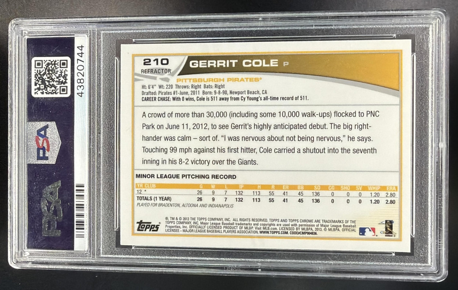 2013 Topps Chrome Orange Refractor Gerrit Cole #210 PSA 10