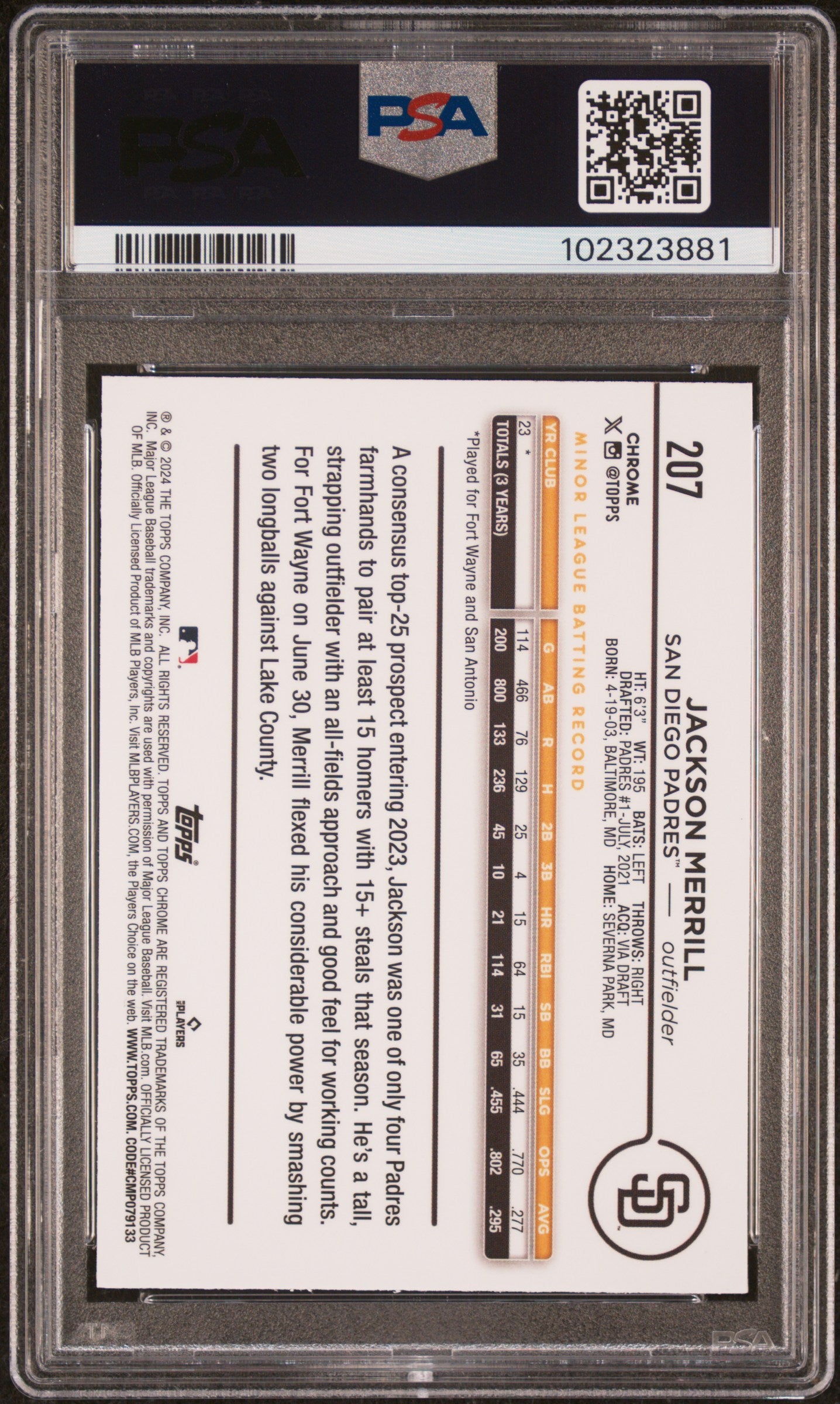 2024 Topps Chrome L/E Jackson Merrill #207 RC PSA 10