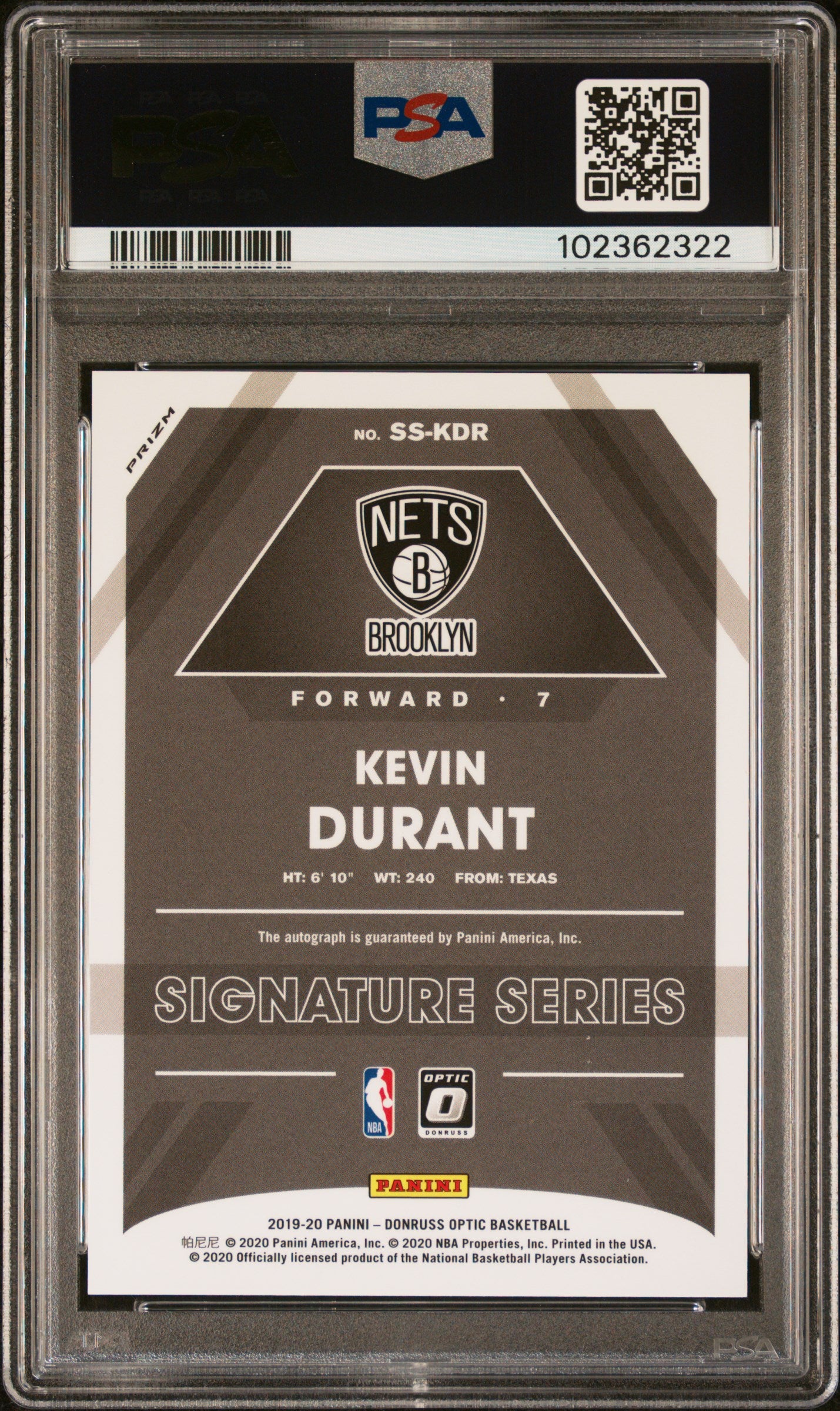 2019 Panini Donruss Optic Signature Kevin Durant #SS-KDR Auto PSA 10